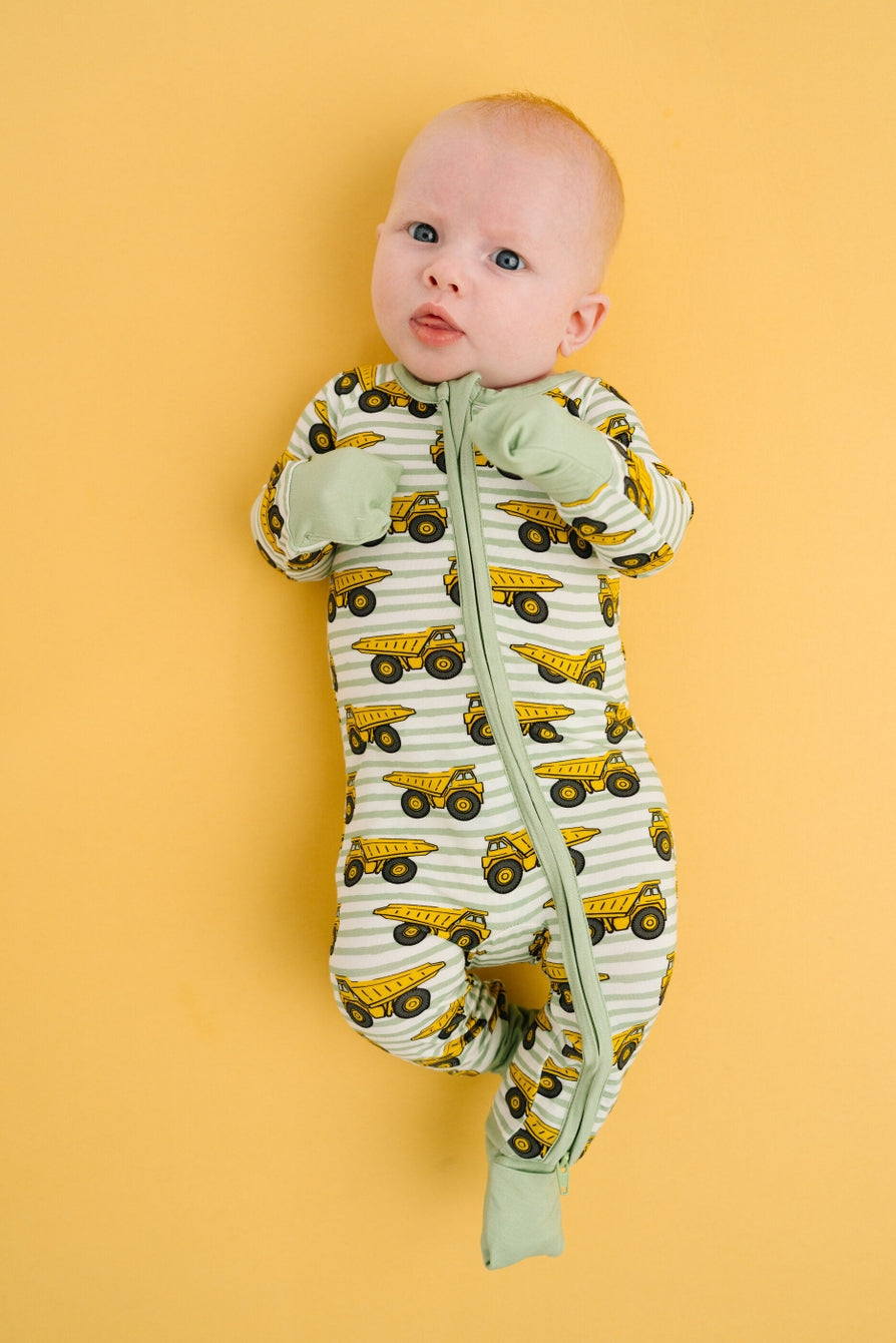 2 way zipper dump truck footie for baby boy
