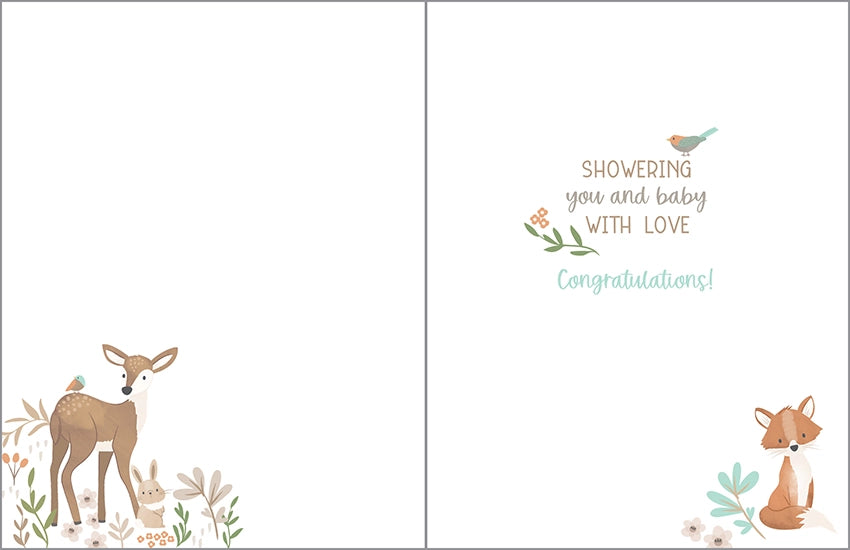baby shower greeting card with woodland creatures