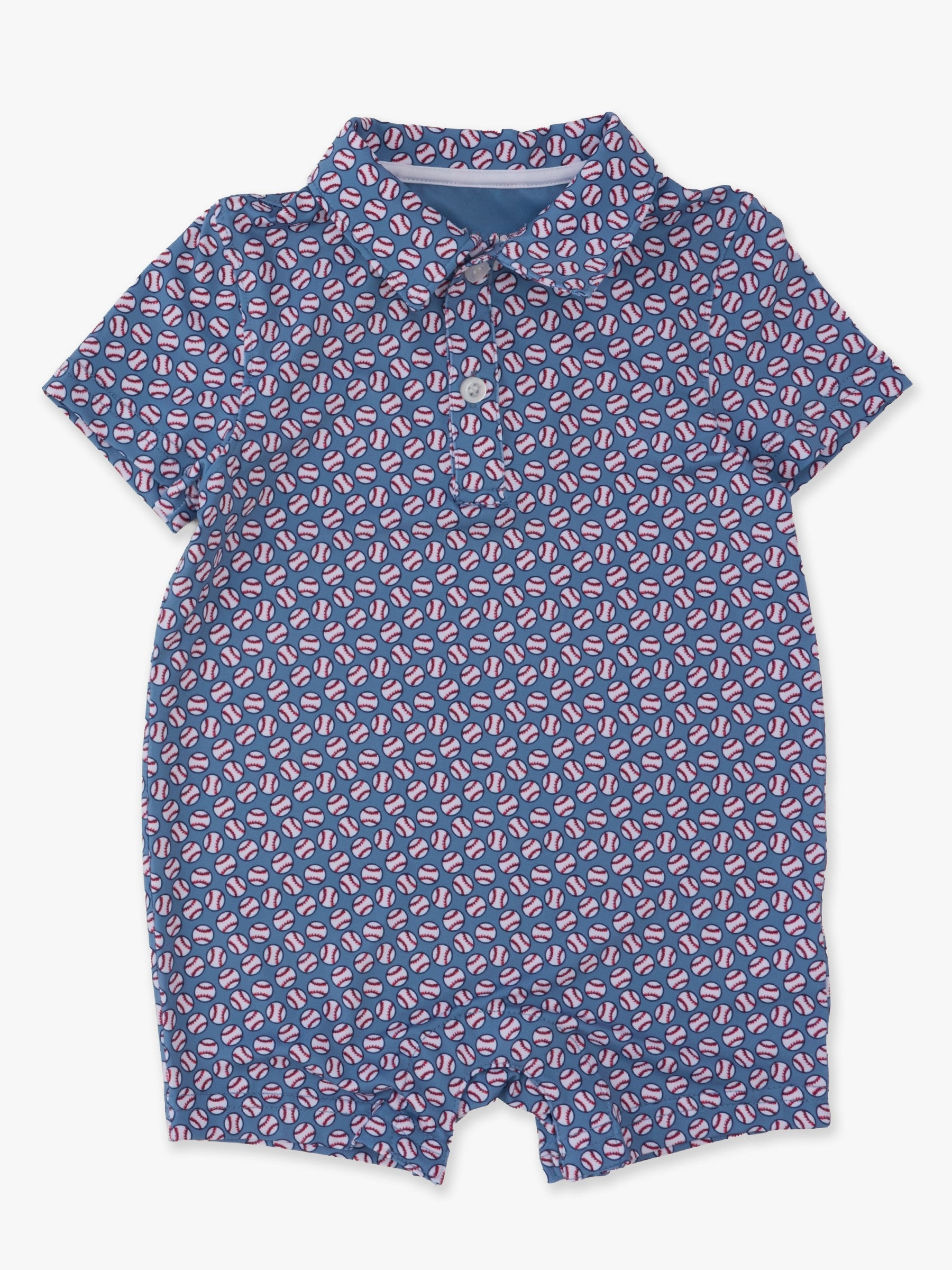 baseball and blue printed polo shortie romper for baby boy