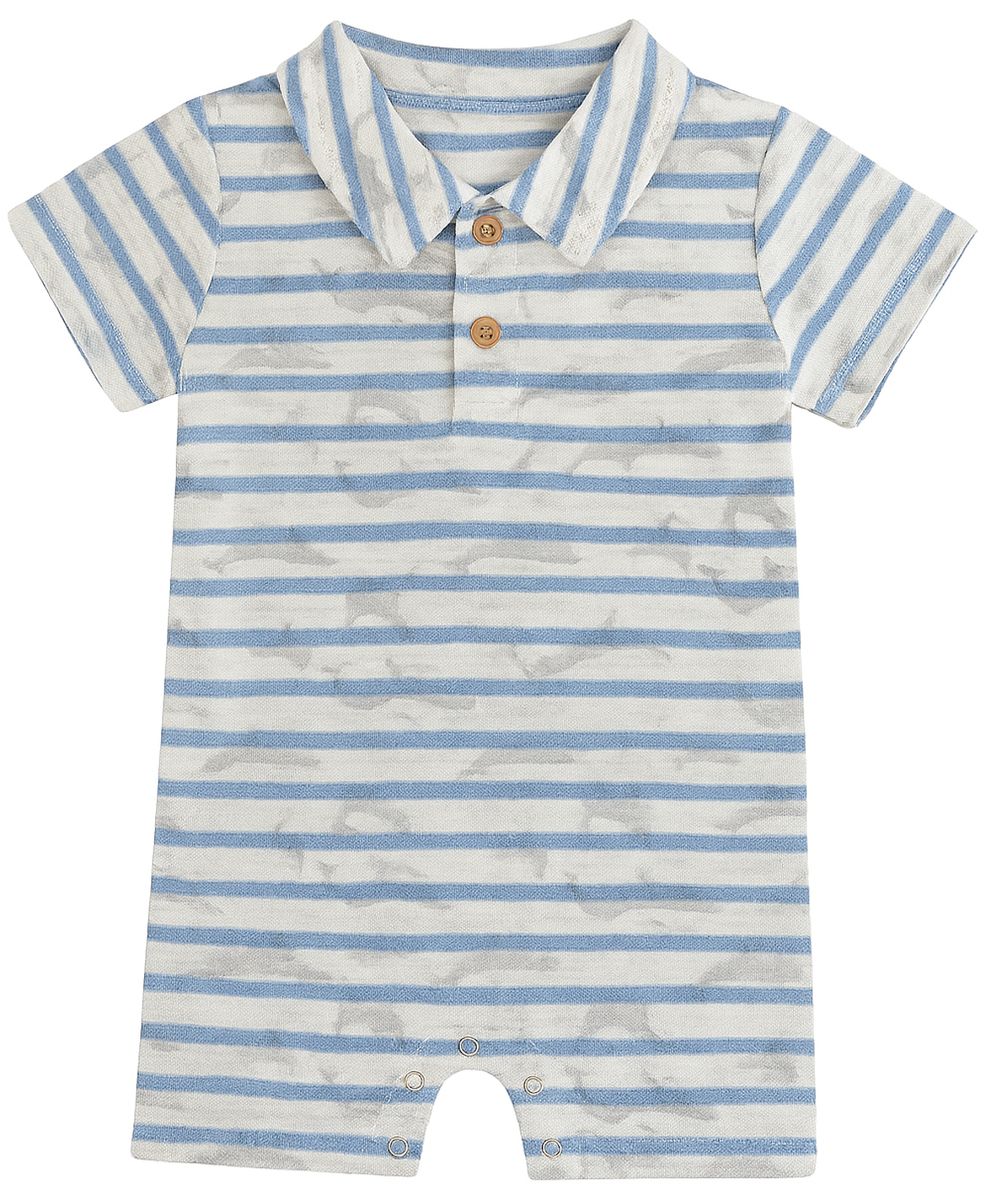 blue white whale striped romper