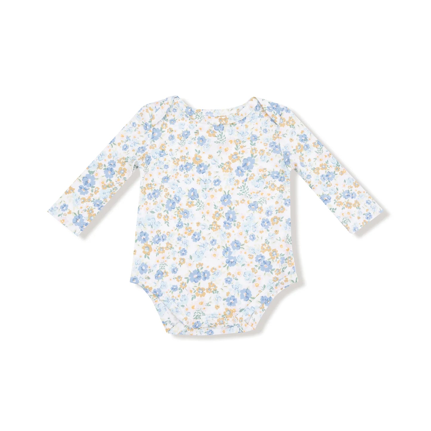 blue and gold floral onesie