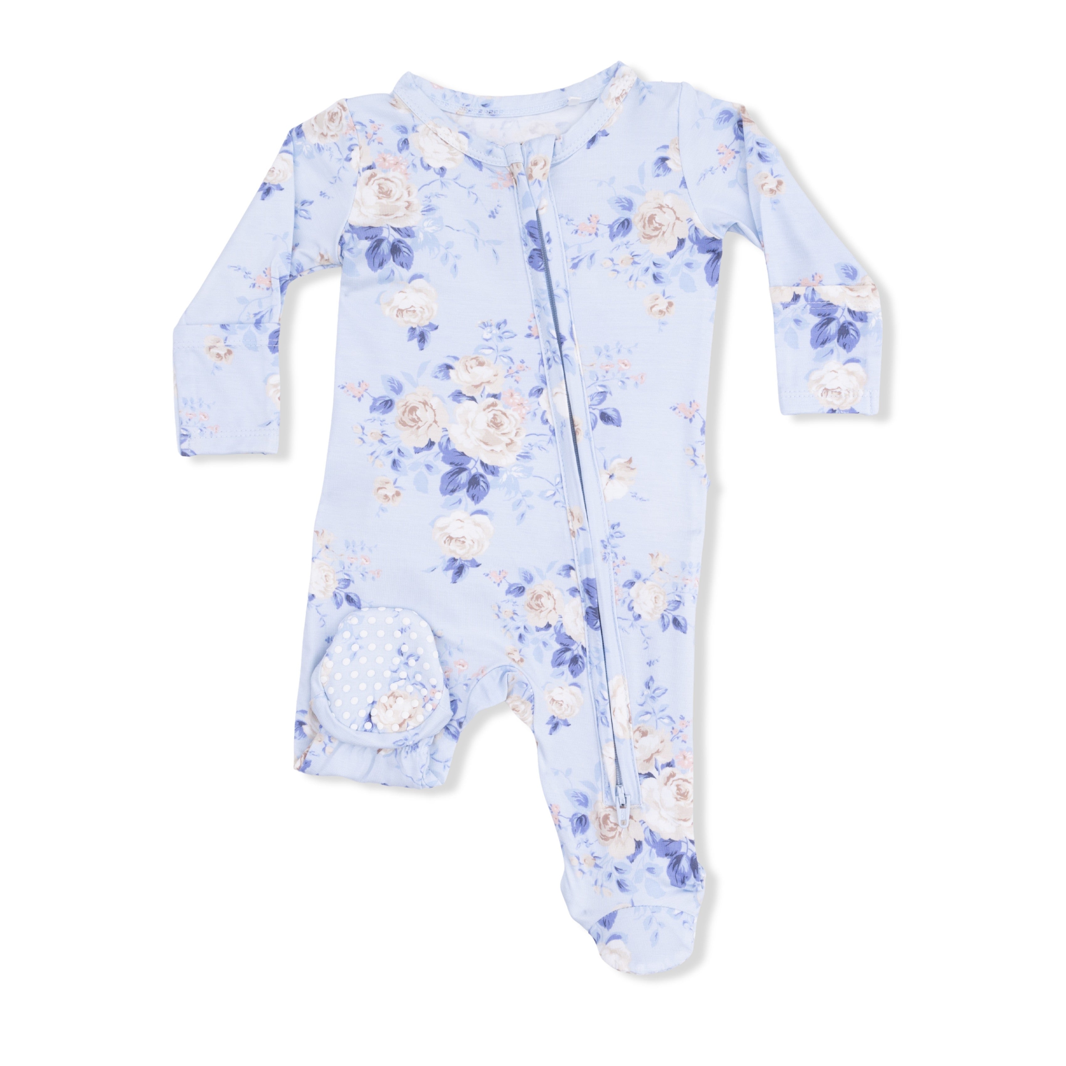 blue floral 2 way zip footed pajama with gripped feet