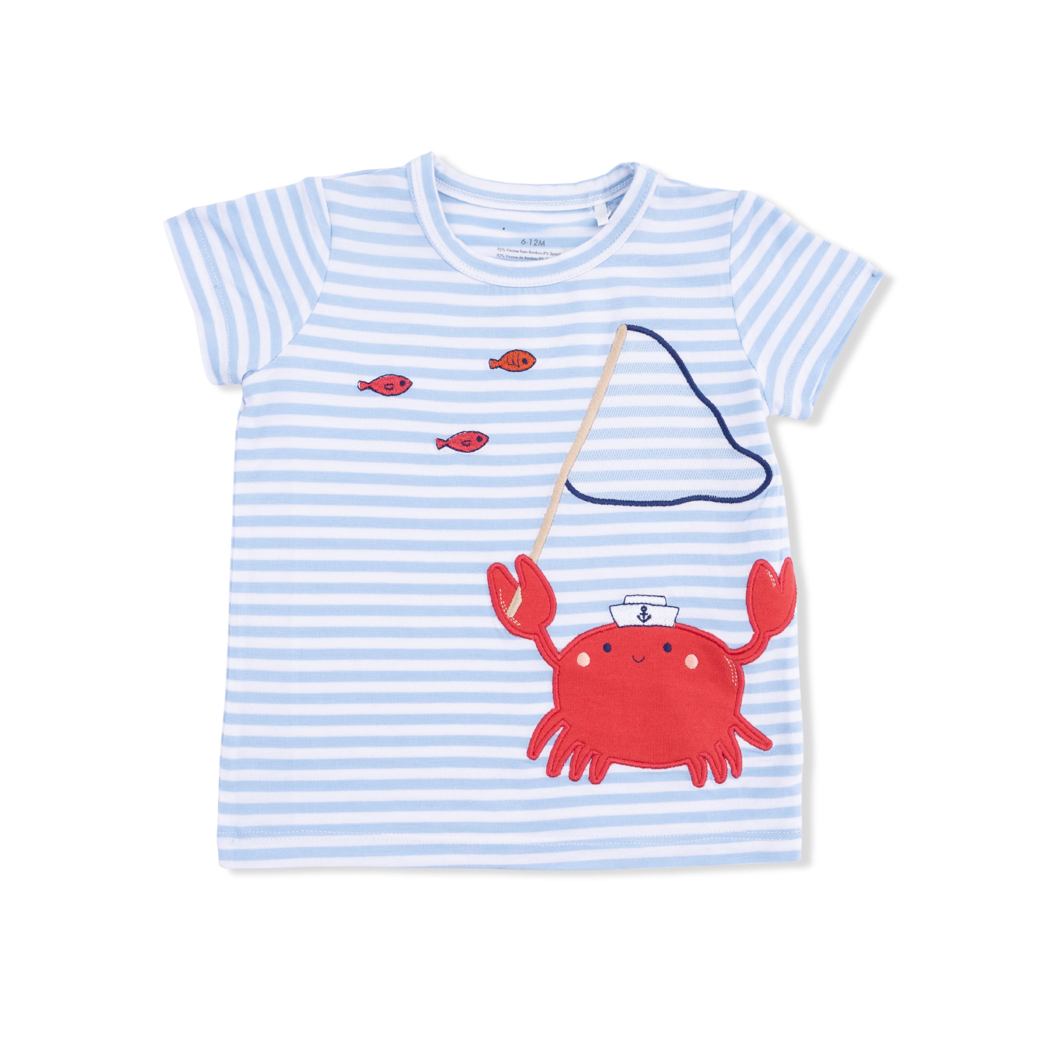 blue striped shirt with applique crab and fish details