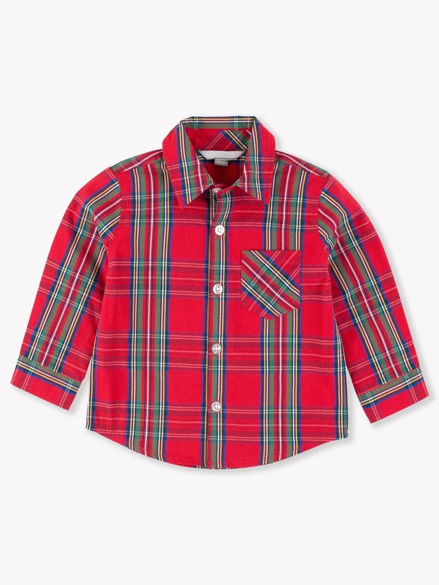 boys red christmas plaid button down