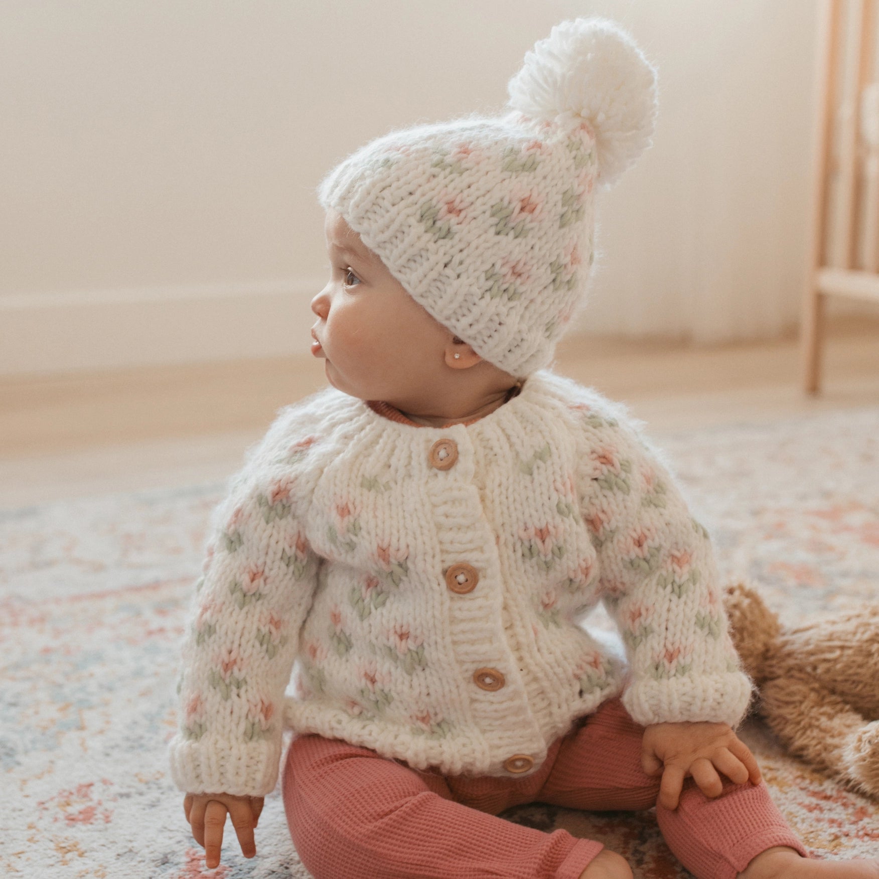 Ivory & Pink Floral Knit Cardigan