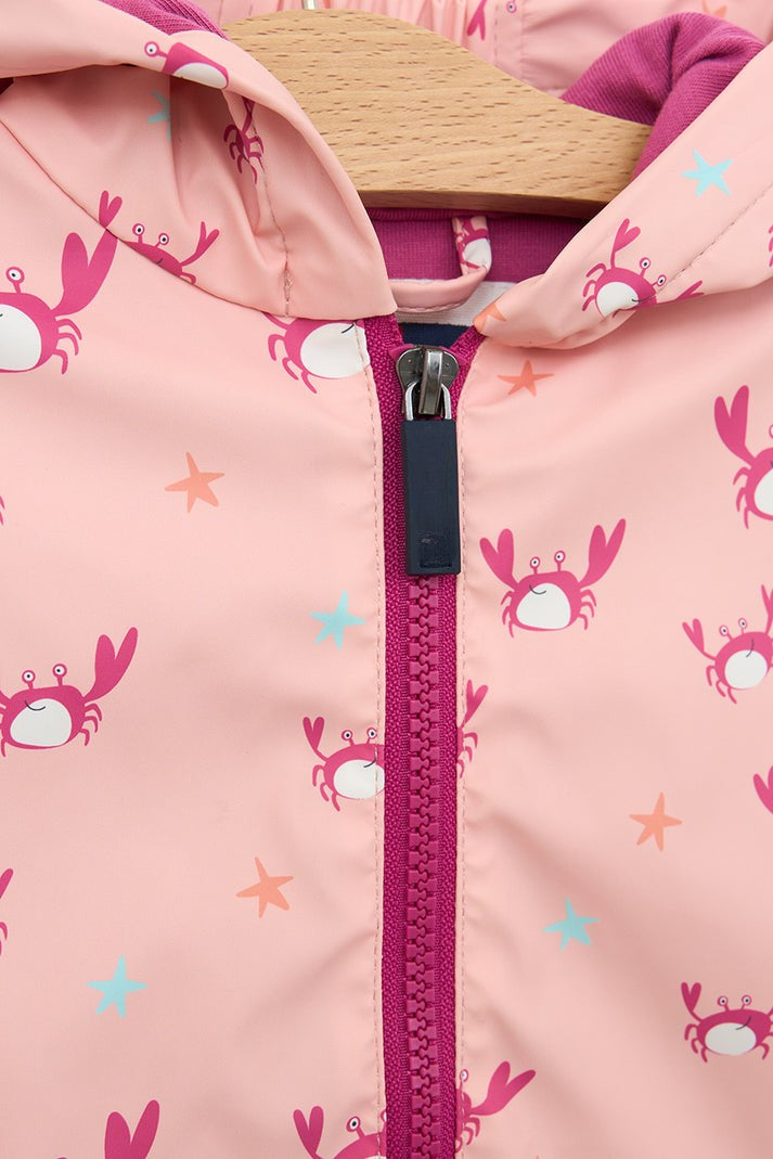 crab printed raincoat with resin coated zipper