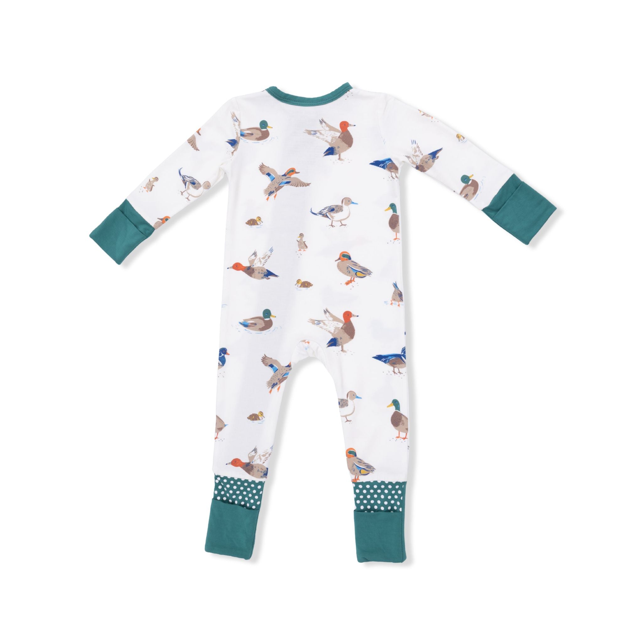 duck print 2 way zipper footie with convertible feet and hands