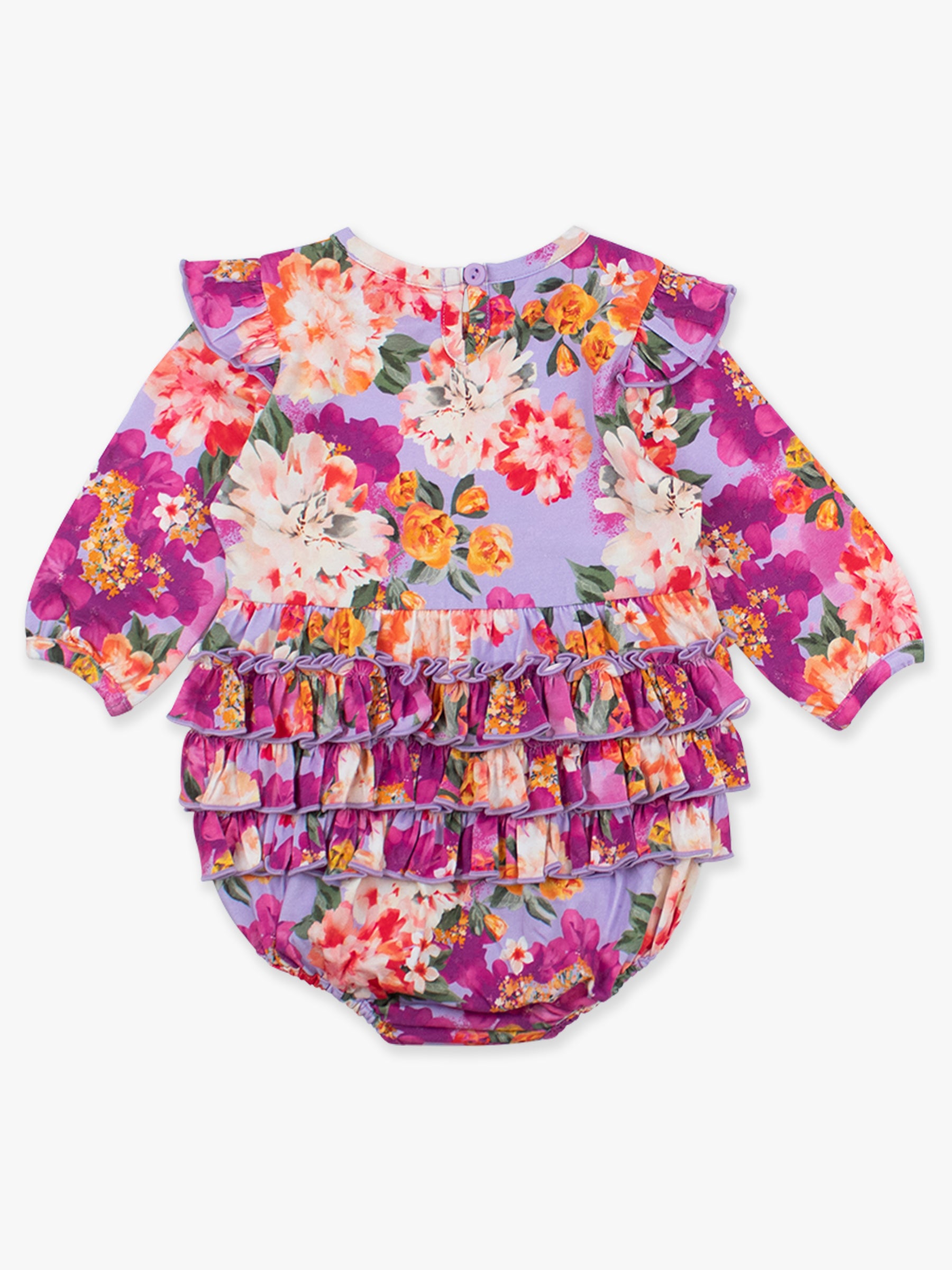 fall floral bubble romper with ruffled booty