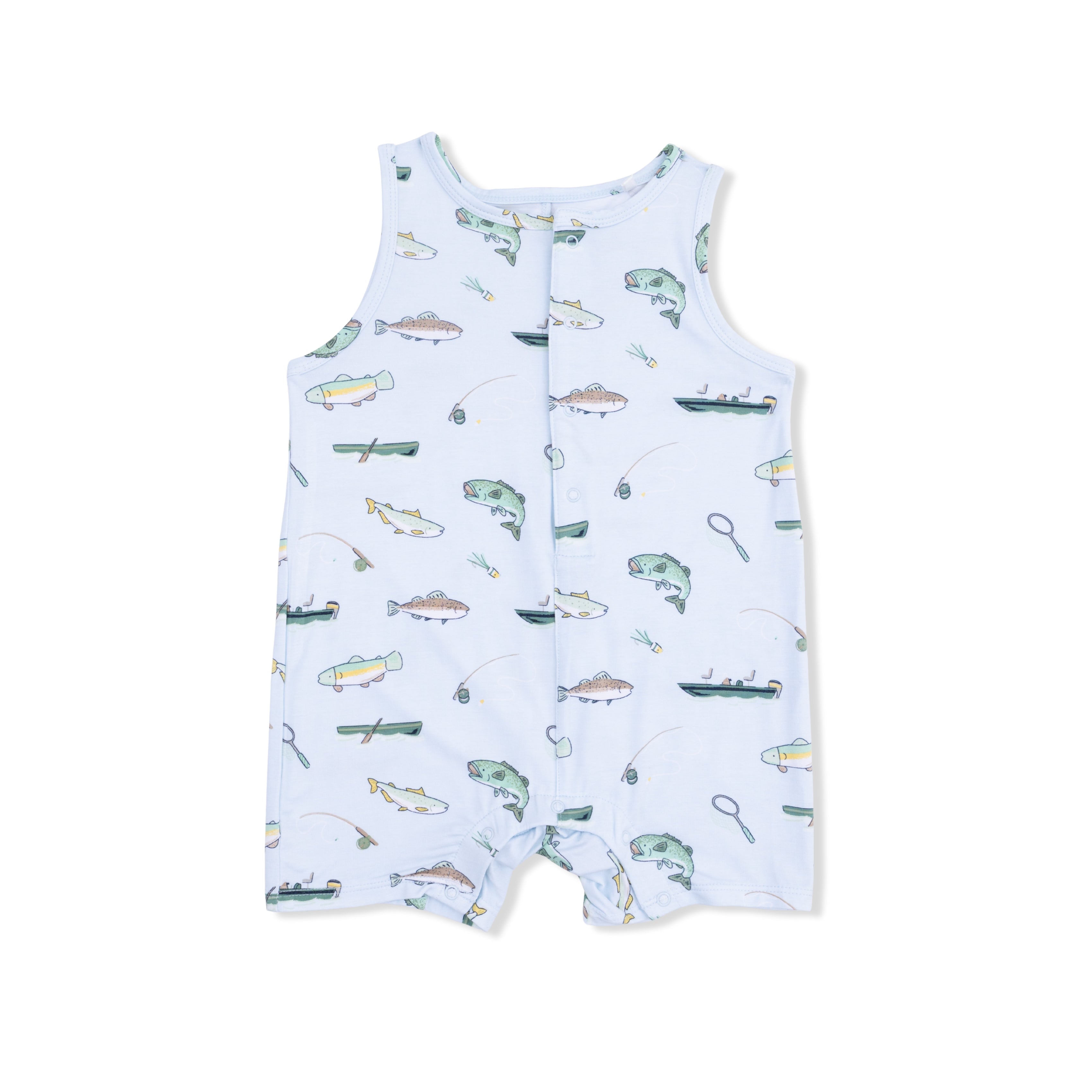fishing themed sleeveless shortie romper for baby boy