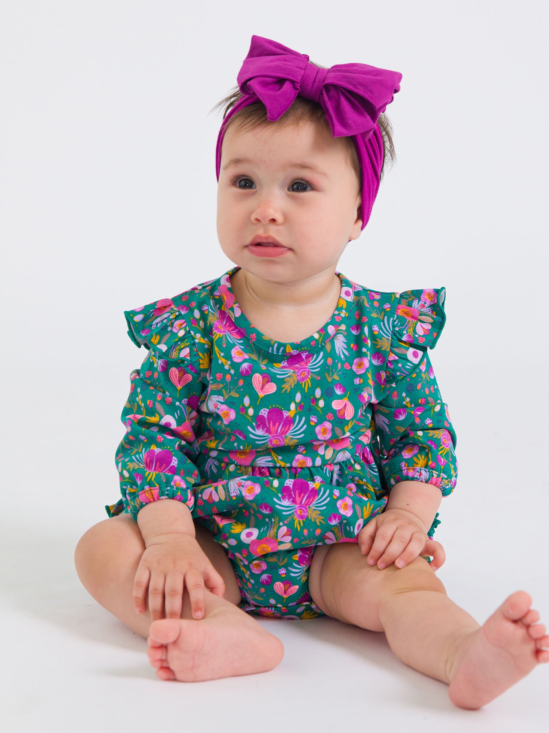 flutter sleeve floral bubble romper in green for baby girl