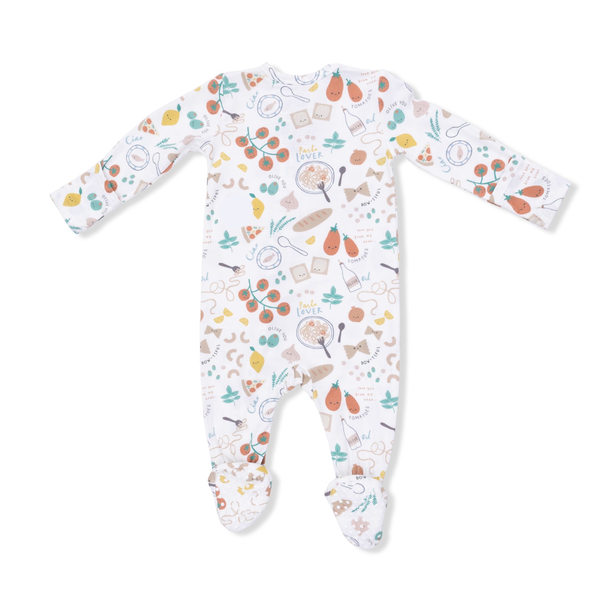 footed pajama with pasta themed print for babies