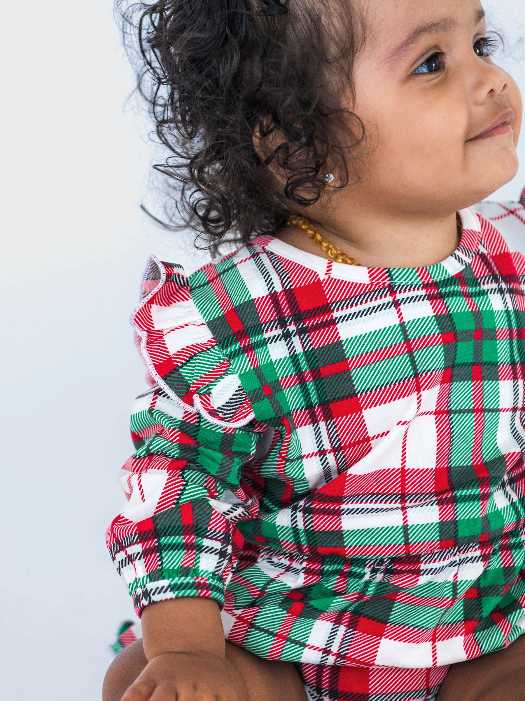 green and red plaid bubble romper for baby girl