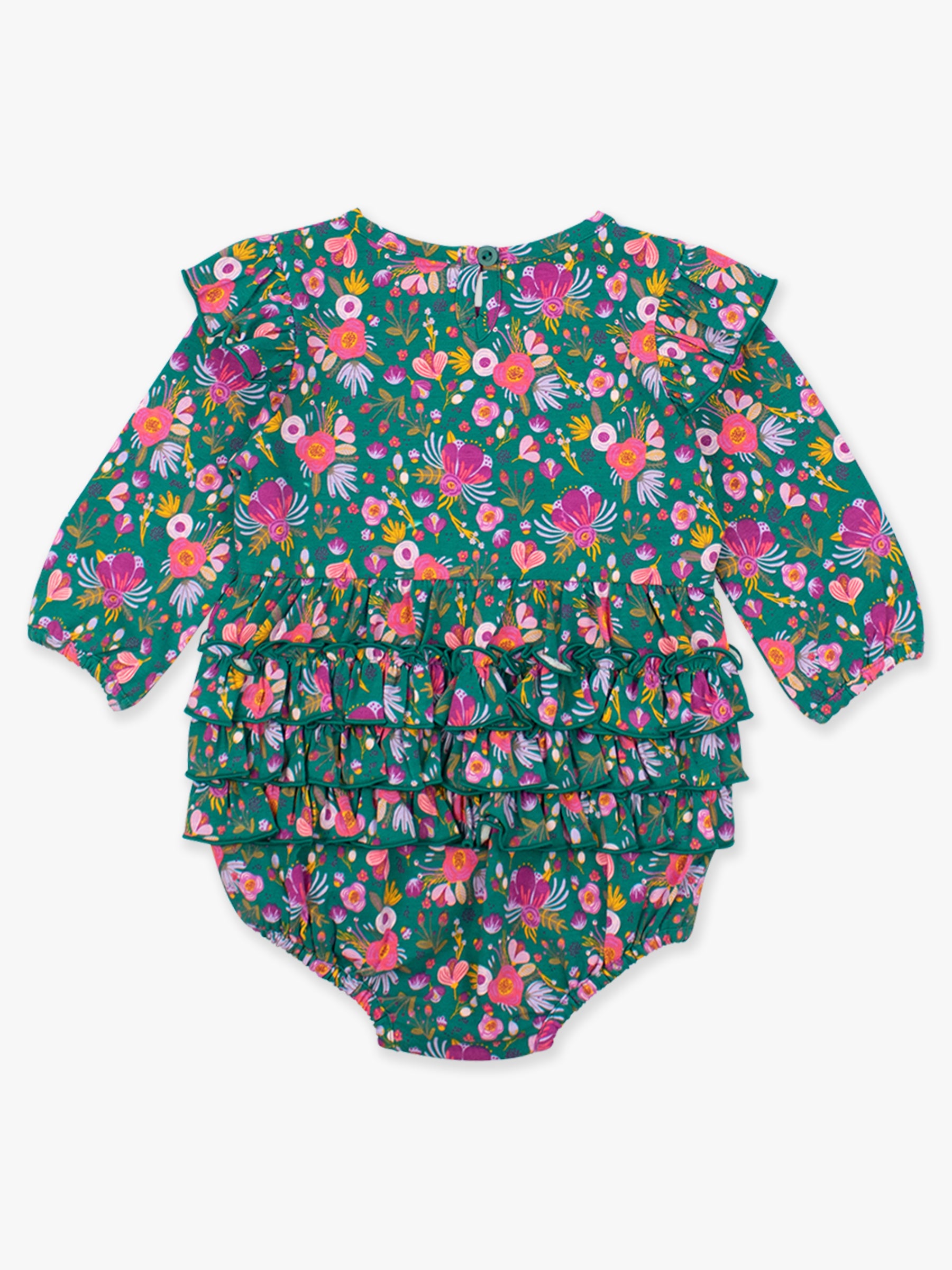 green floral ruffled booty bubble romper for baby girl