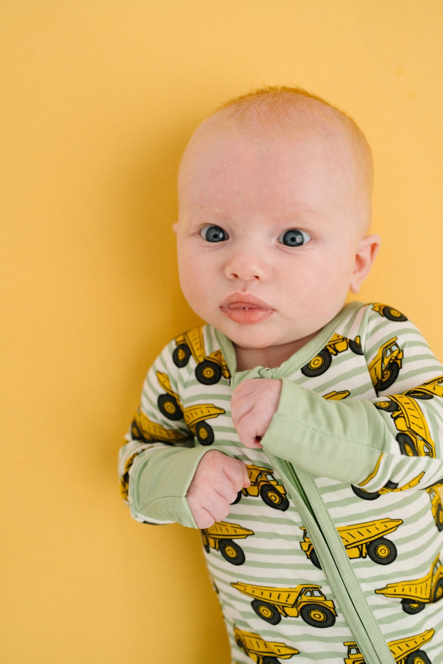 green striped dump truck convertible footie