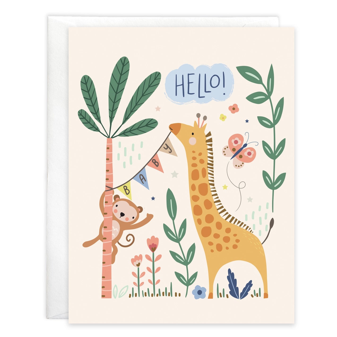 hello baby giraffe and monkey greeting card