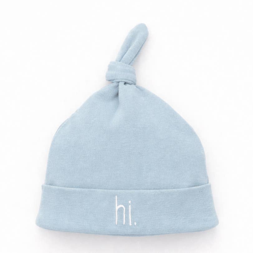 hi embroidered blue knotted beanie