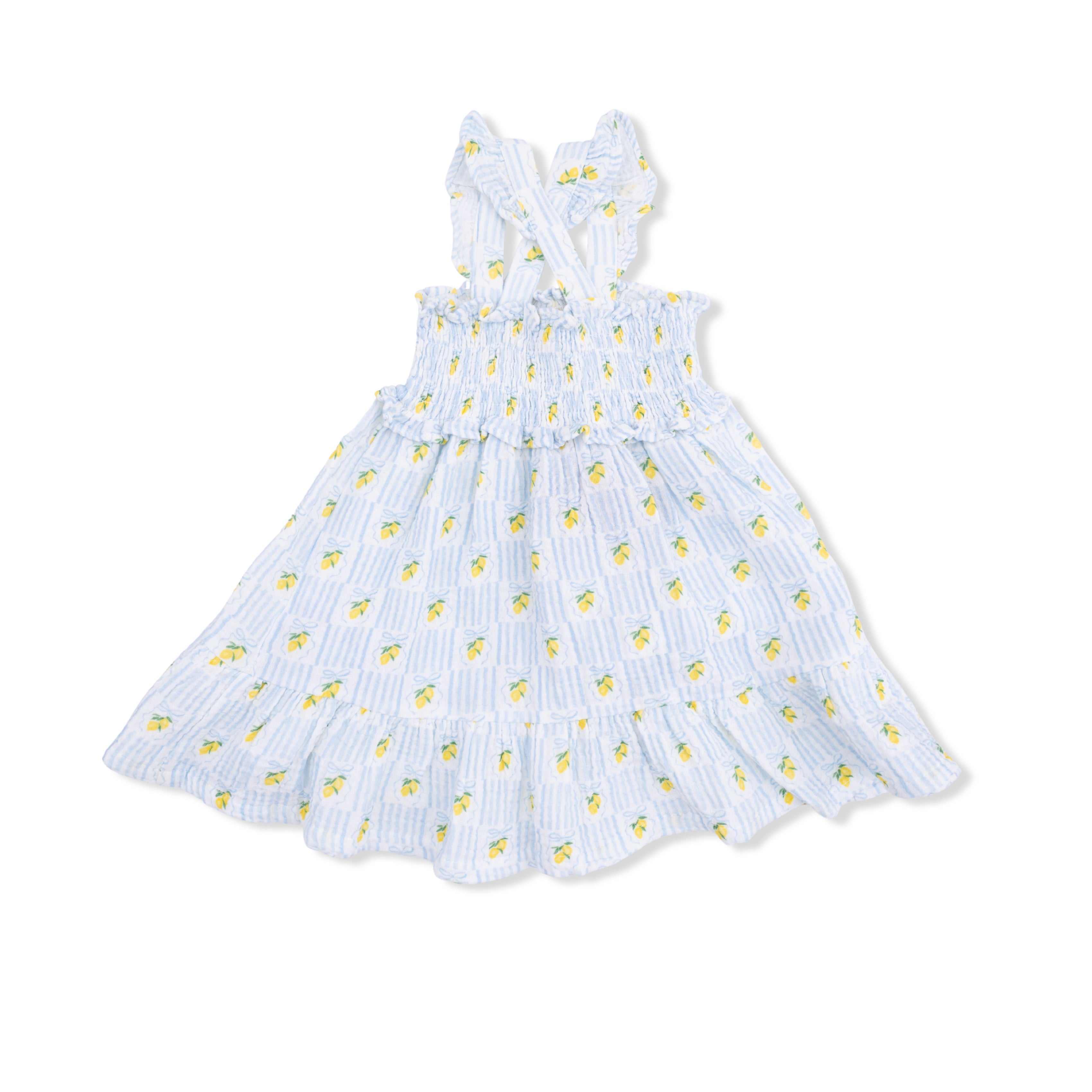 lemon print dress for toddlers with crossed elastic straps