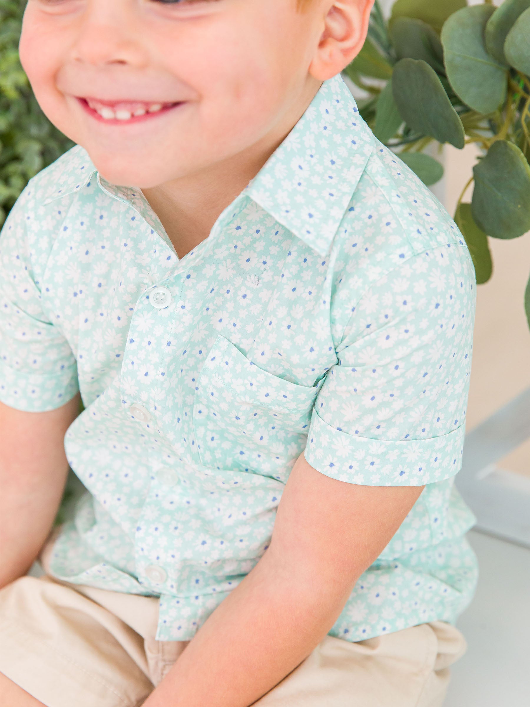 mint floral boy button down top