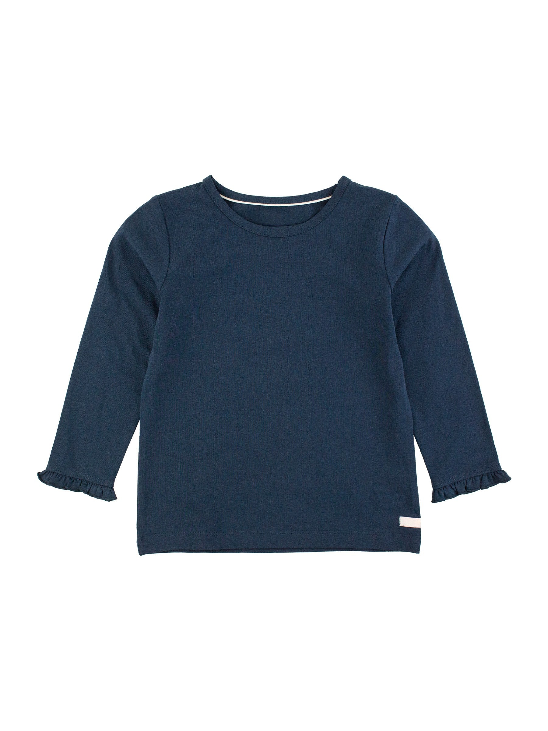 navy blue long sleeve top with ruffle sleeve