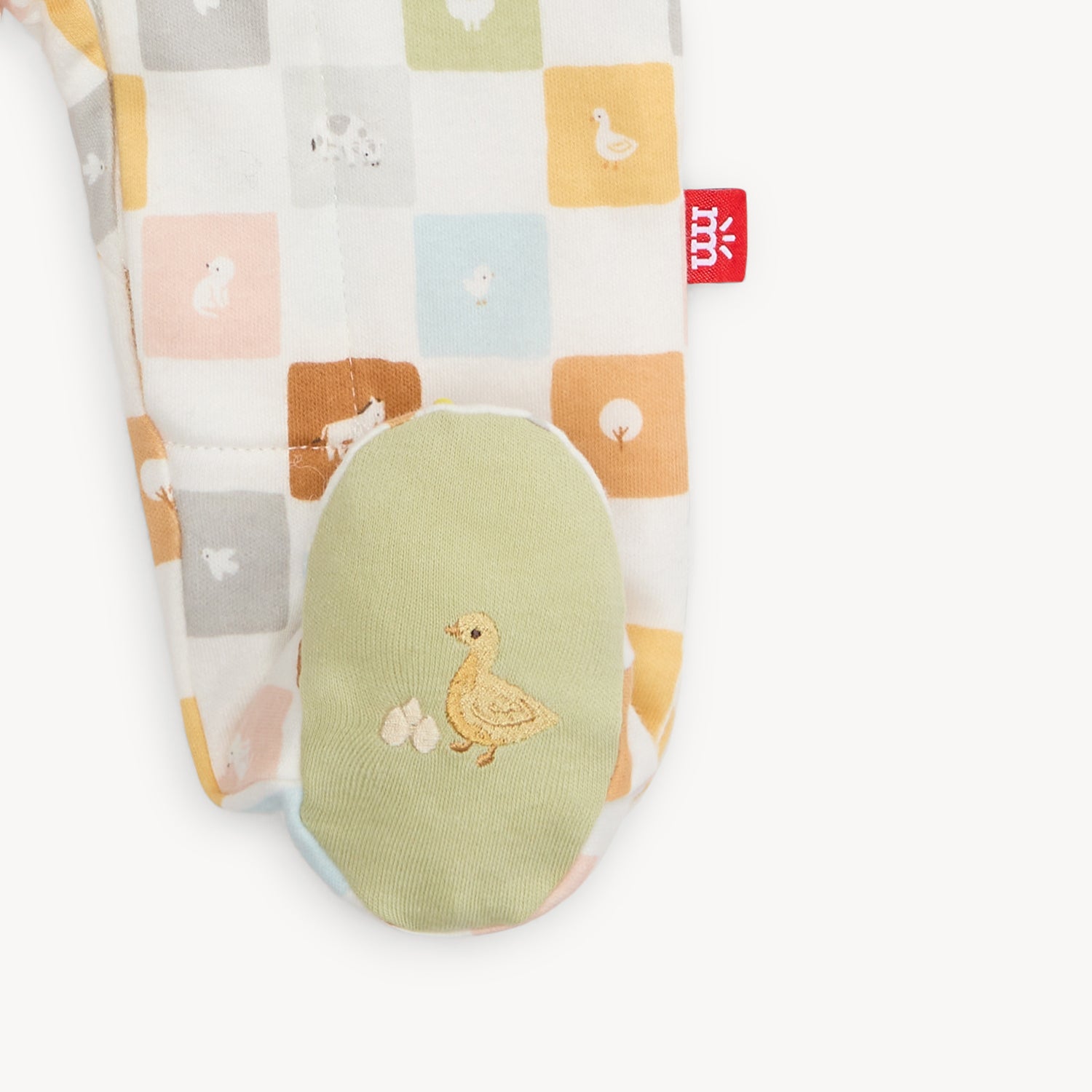 organic cotton magnetic footie with checkered farm print