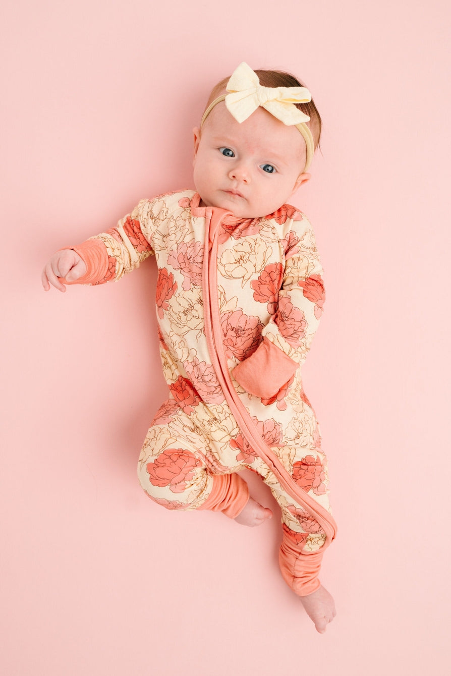 pink and cream peony print convertible footie