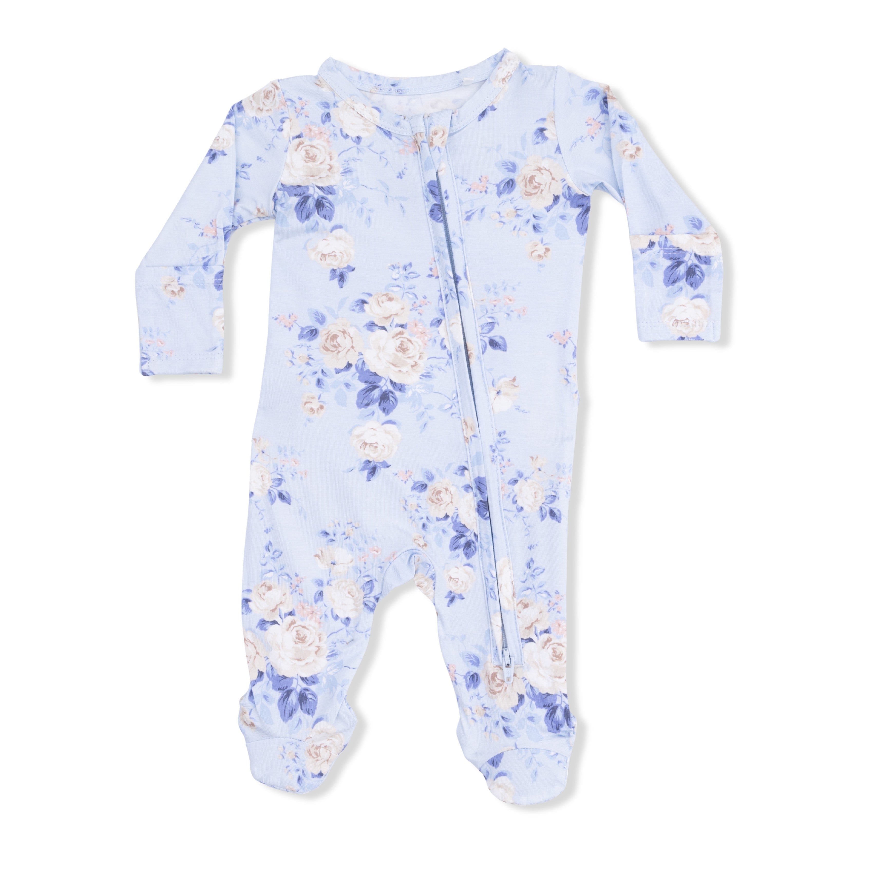 powder blue floral baby girl 2 way zipper footie