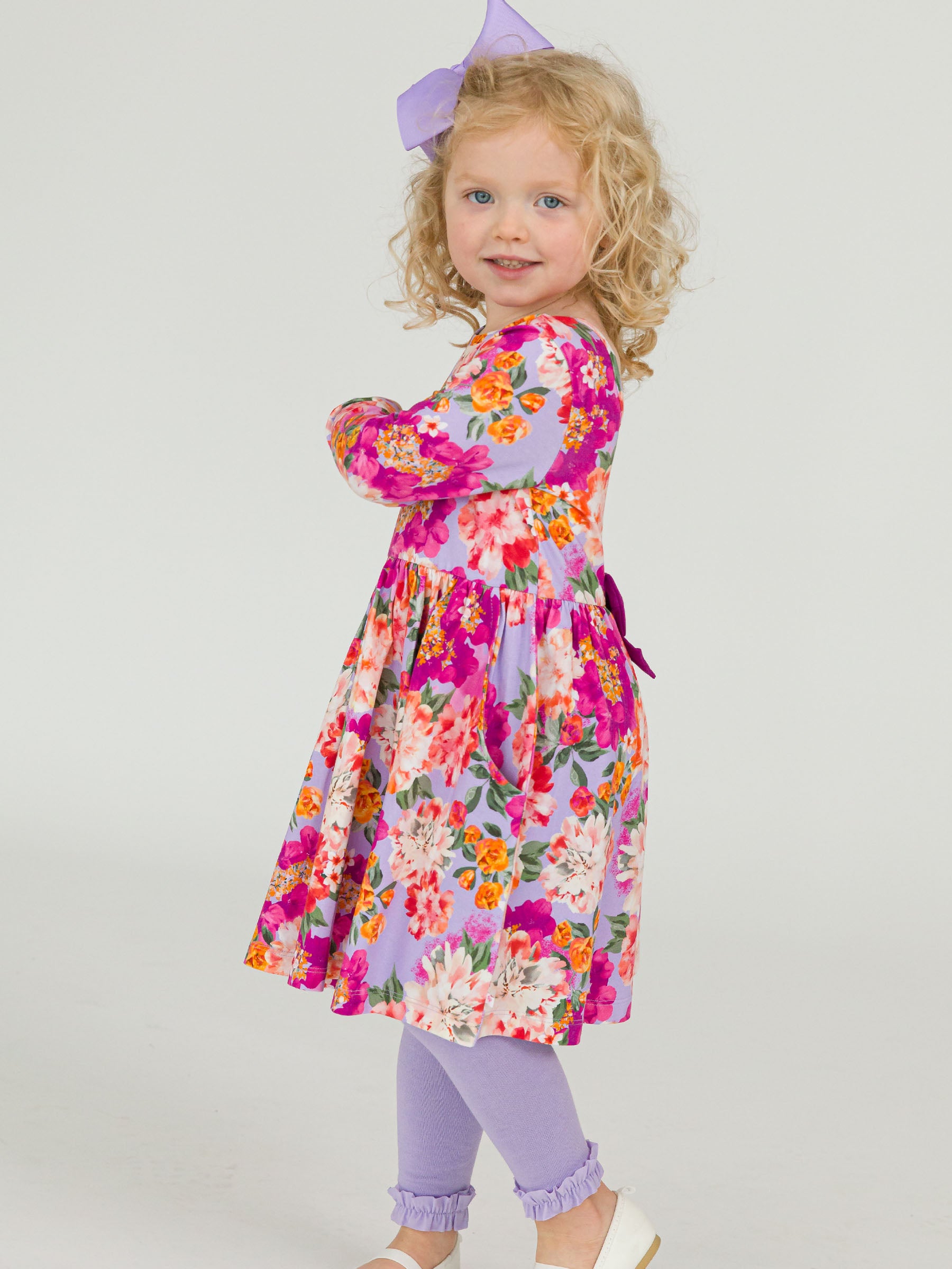 purple floral knee length twirl dress for girls