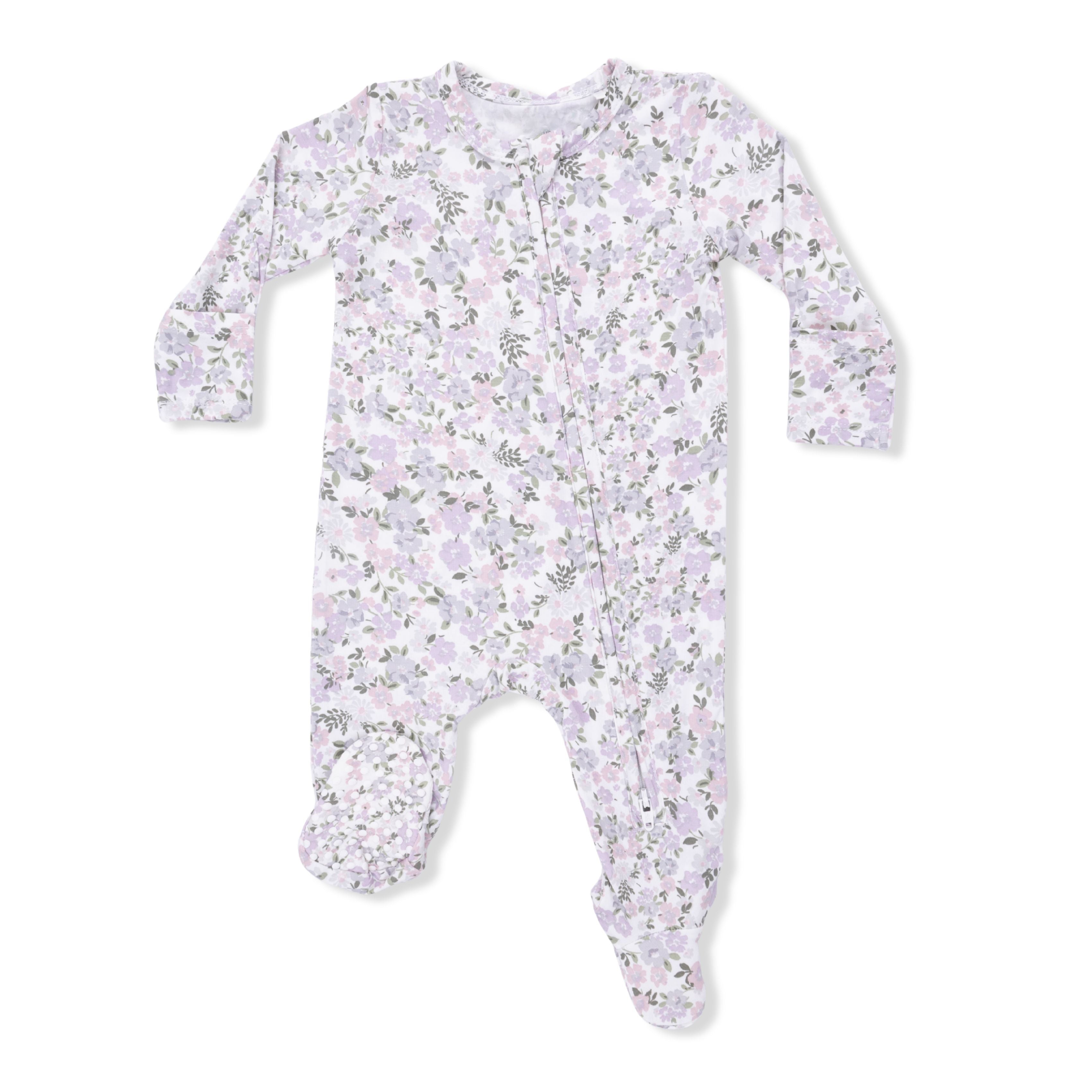 purple floral two way zip footie