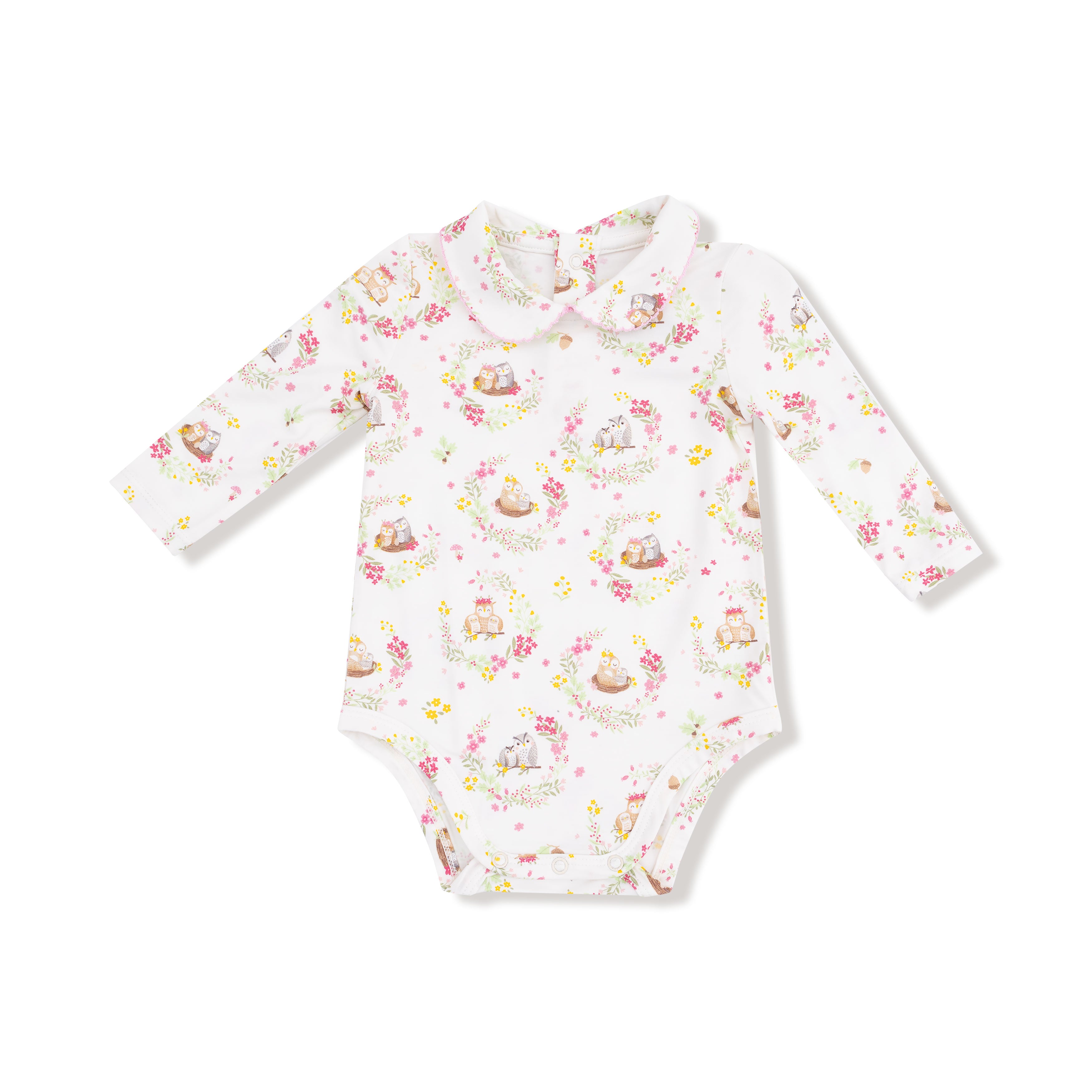 ruffled peter pan collar onesie with owl print