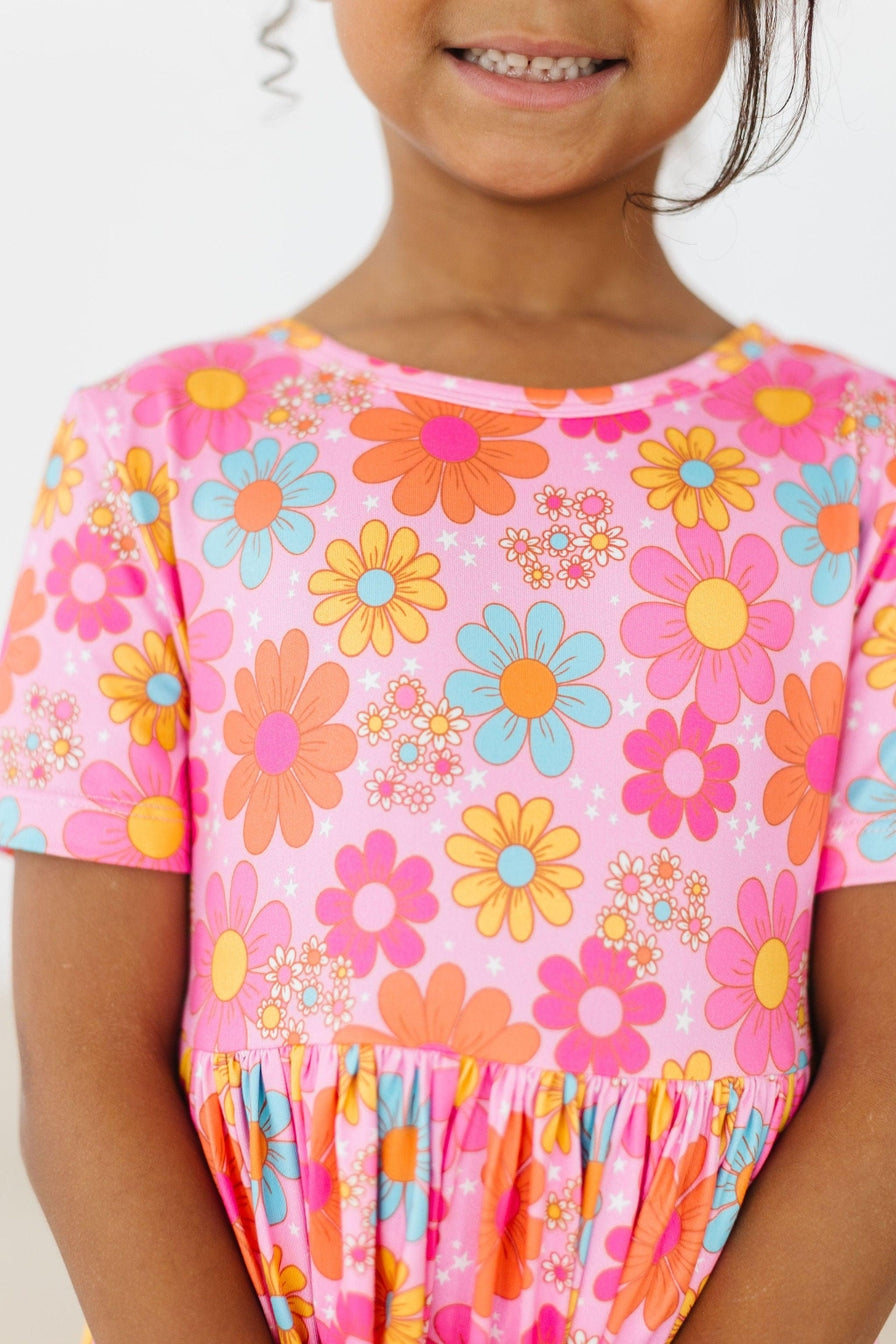 short sleeve retro pink flower twirl dress