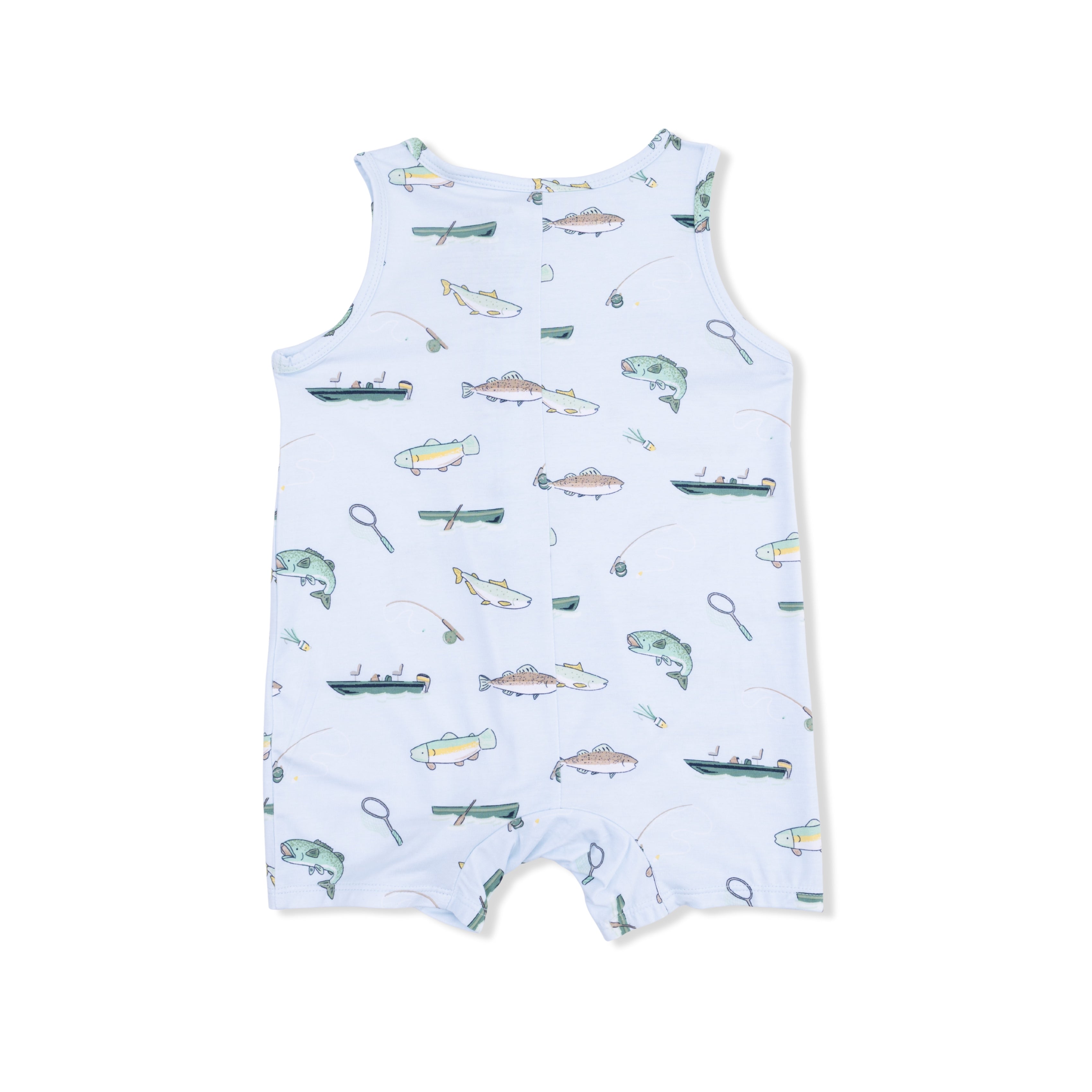 sleeveless shortie romper with fishing themed print