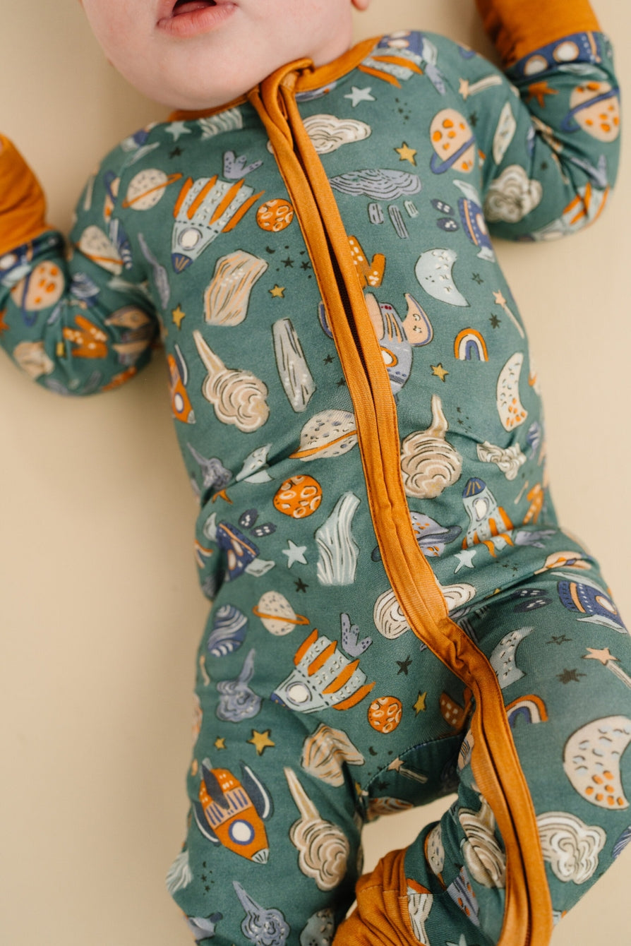 space print 2 way zip convertible footed pajama