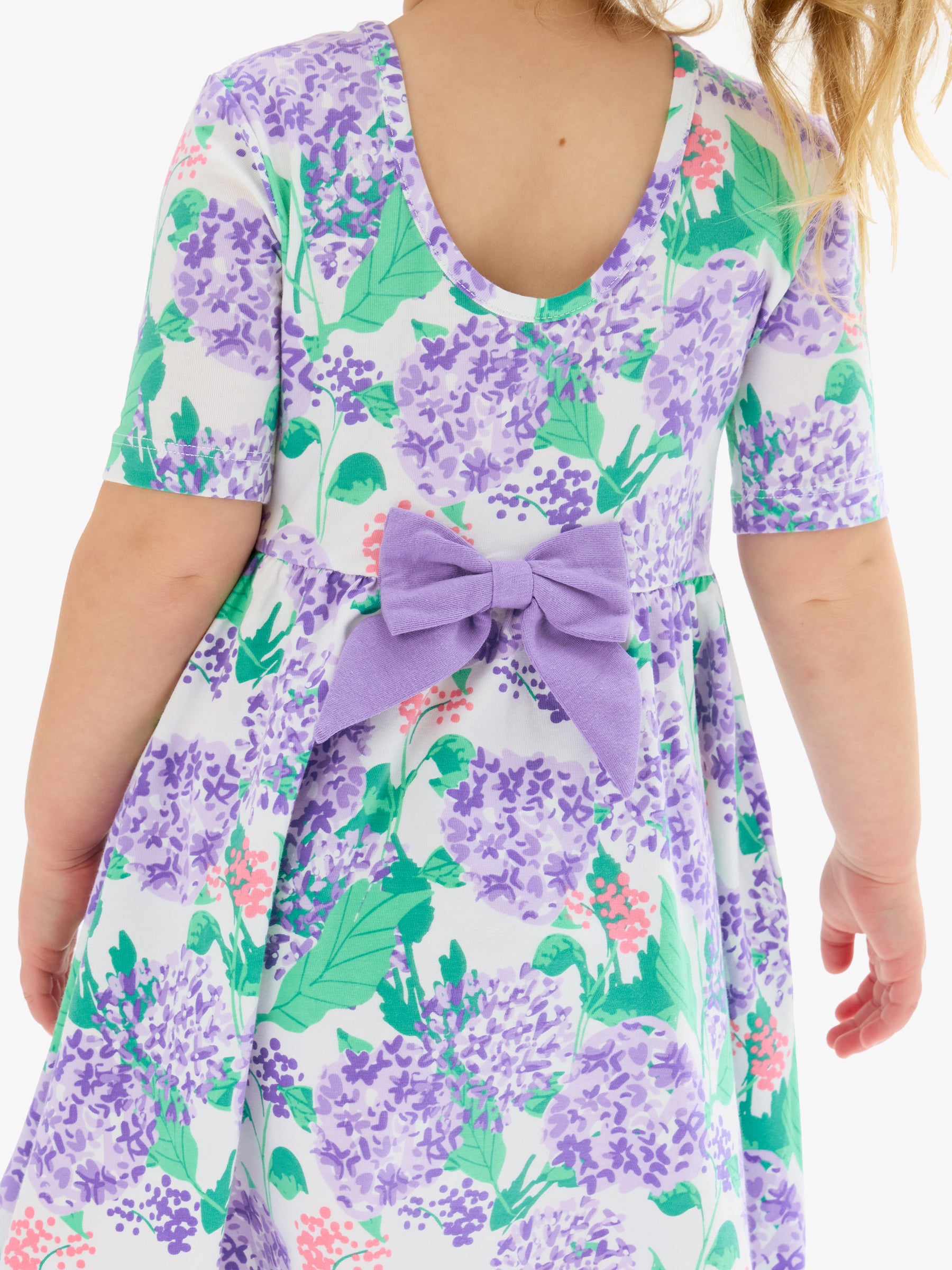 spring hydrangea print dress for toddlers with purple bow