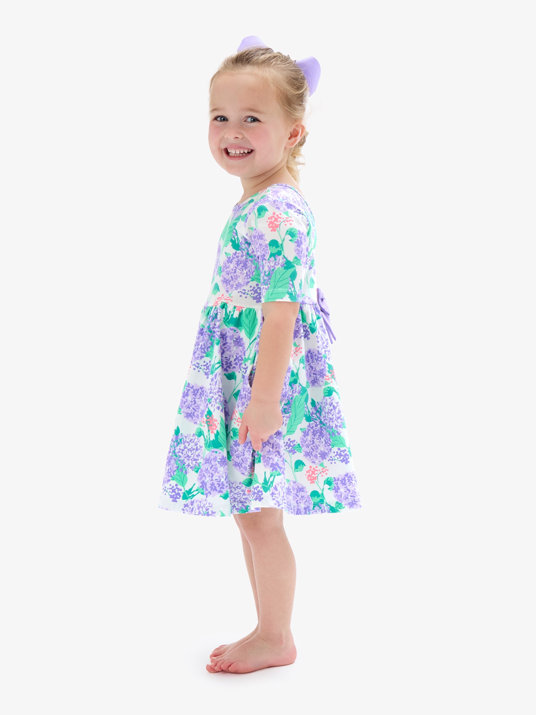 twirl dress for toddler girls with purple hydrangea print