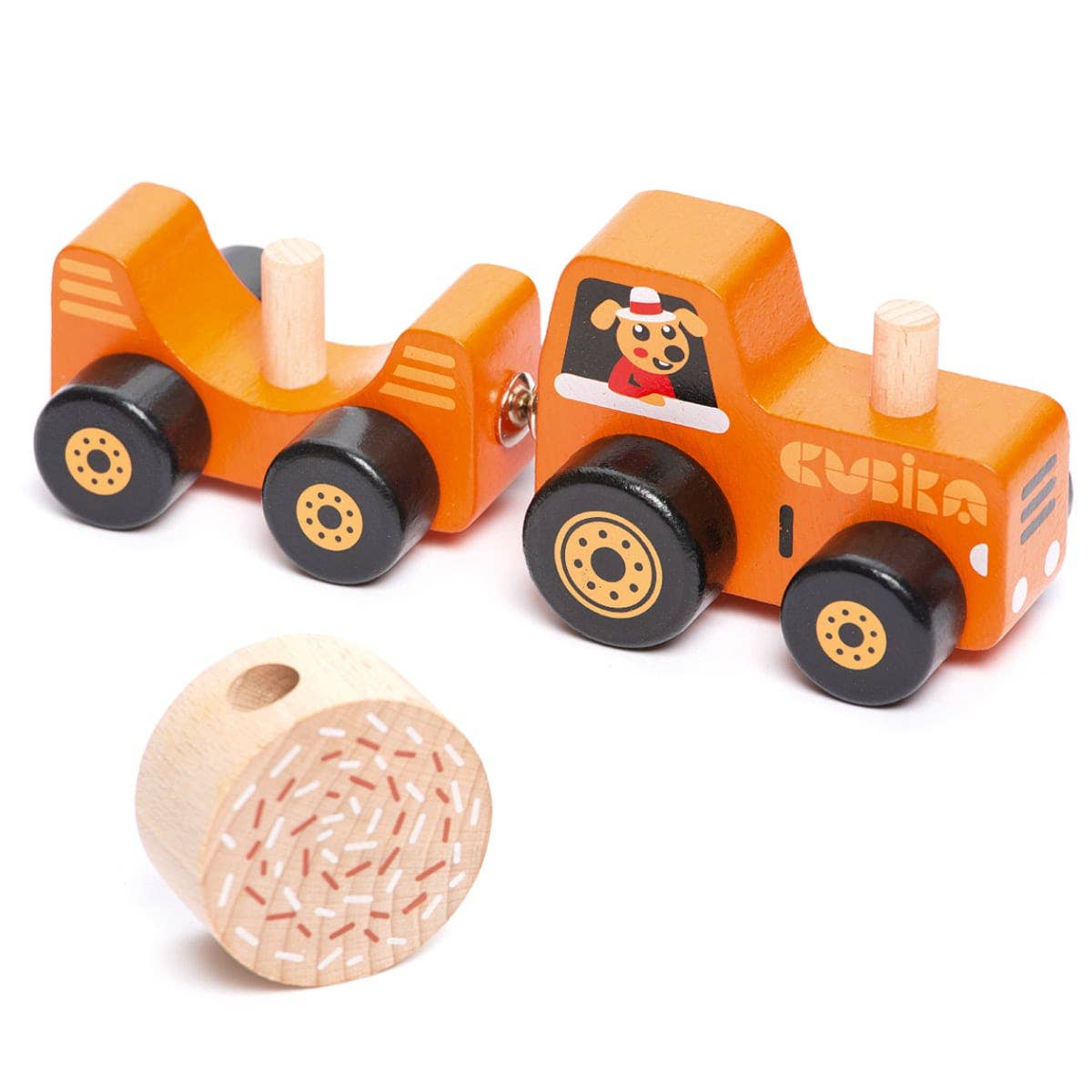 wooden toy tractor with hay bail