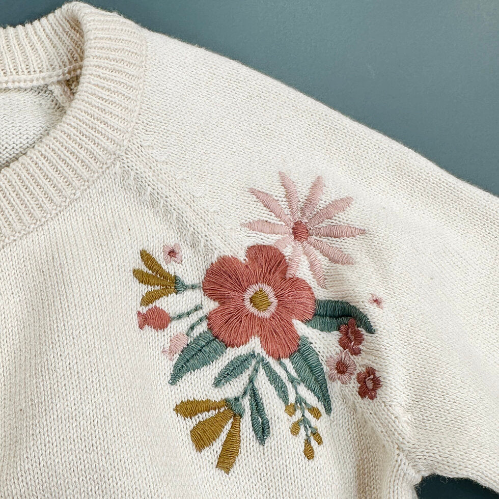 Floral embroidered organic cardigan detail