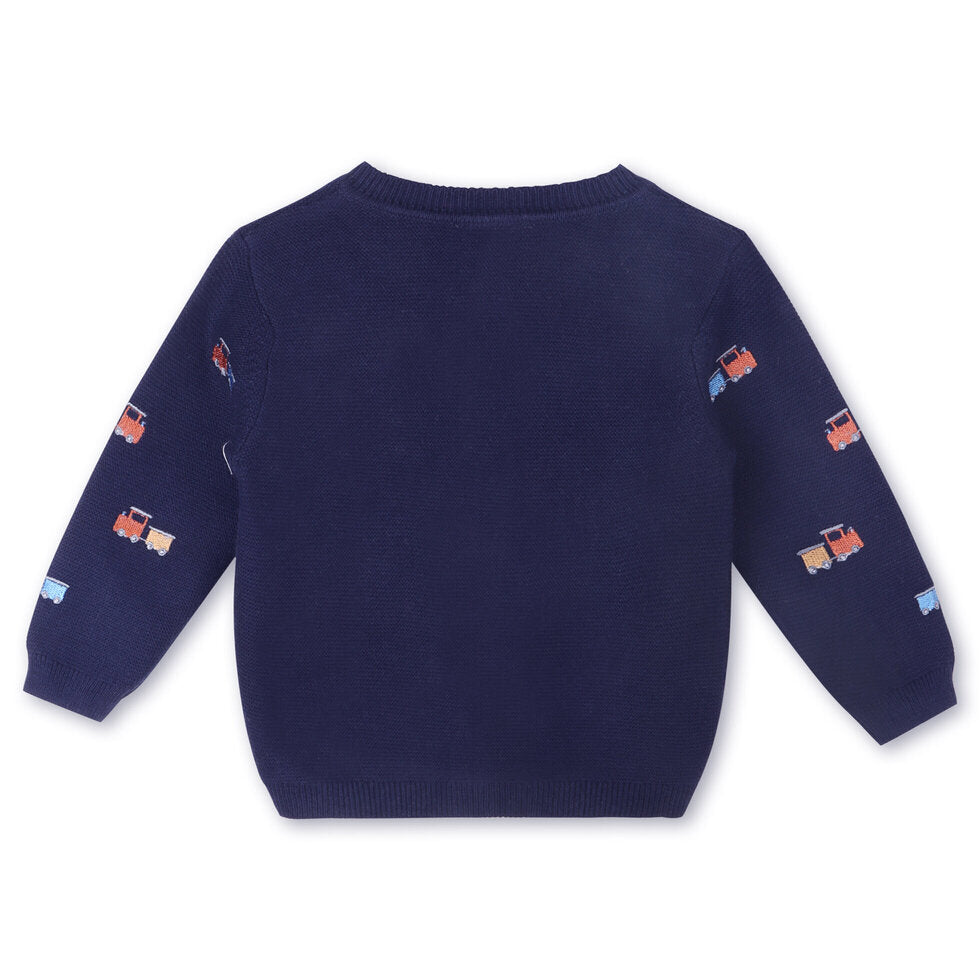 Navy train baby boy cardigan back