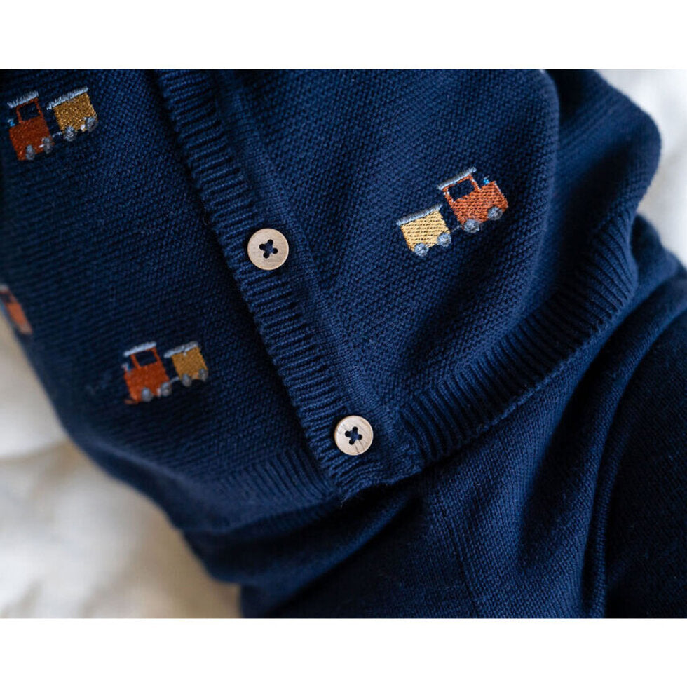 Navy train baby boy cardigan buttons