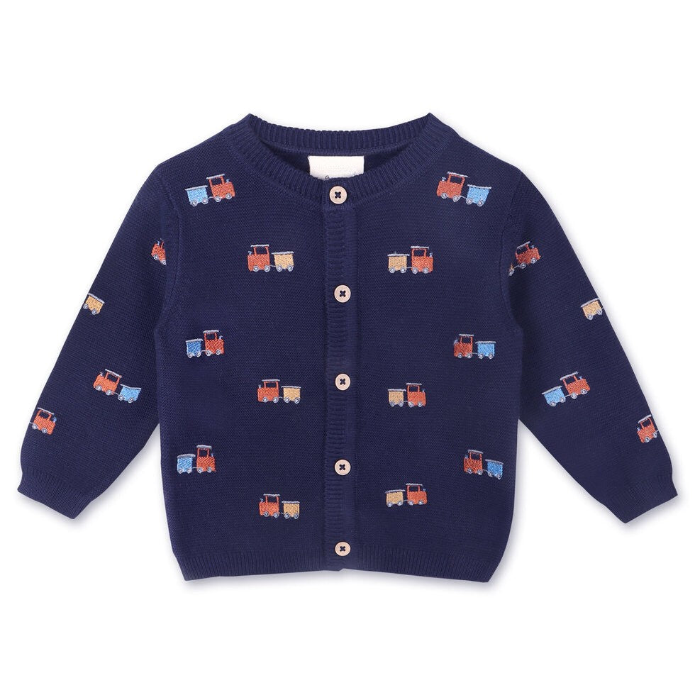 Navy train baby boy cardigan front