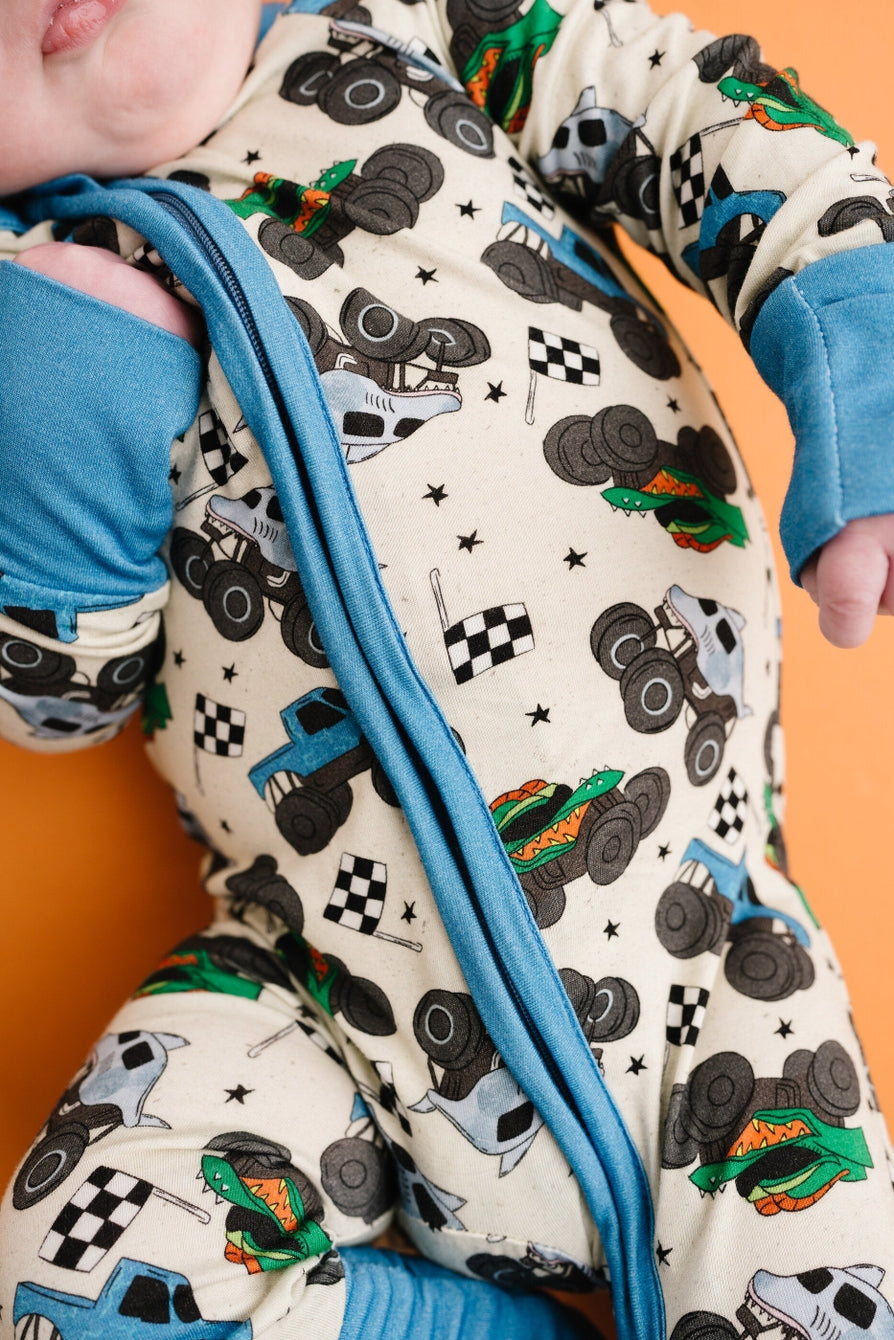 baby boy convertible footie with monster truck print