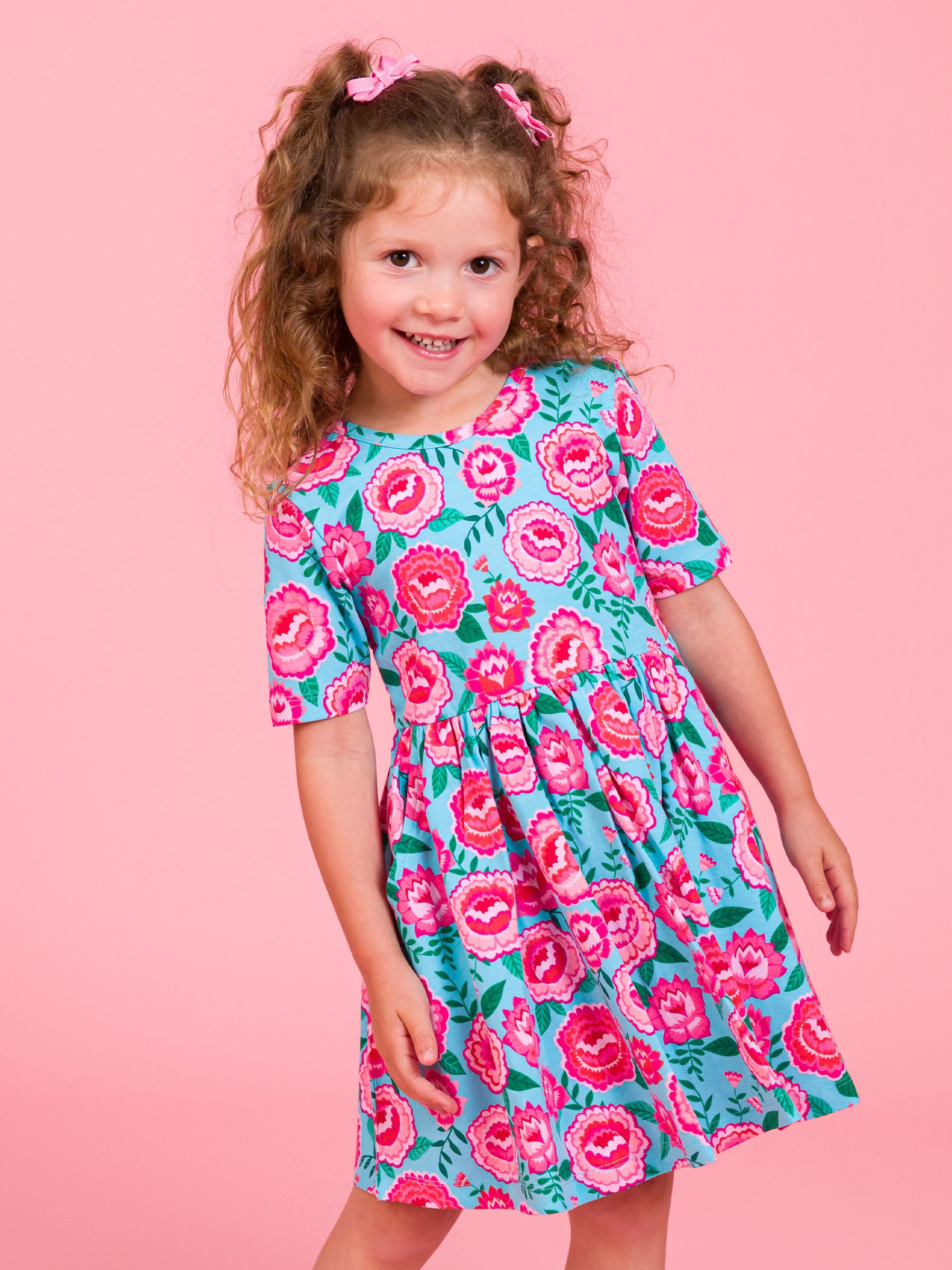 blue pink floral short sleeve twirl dress