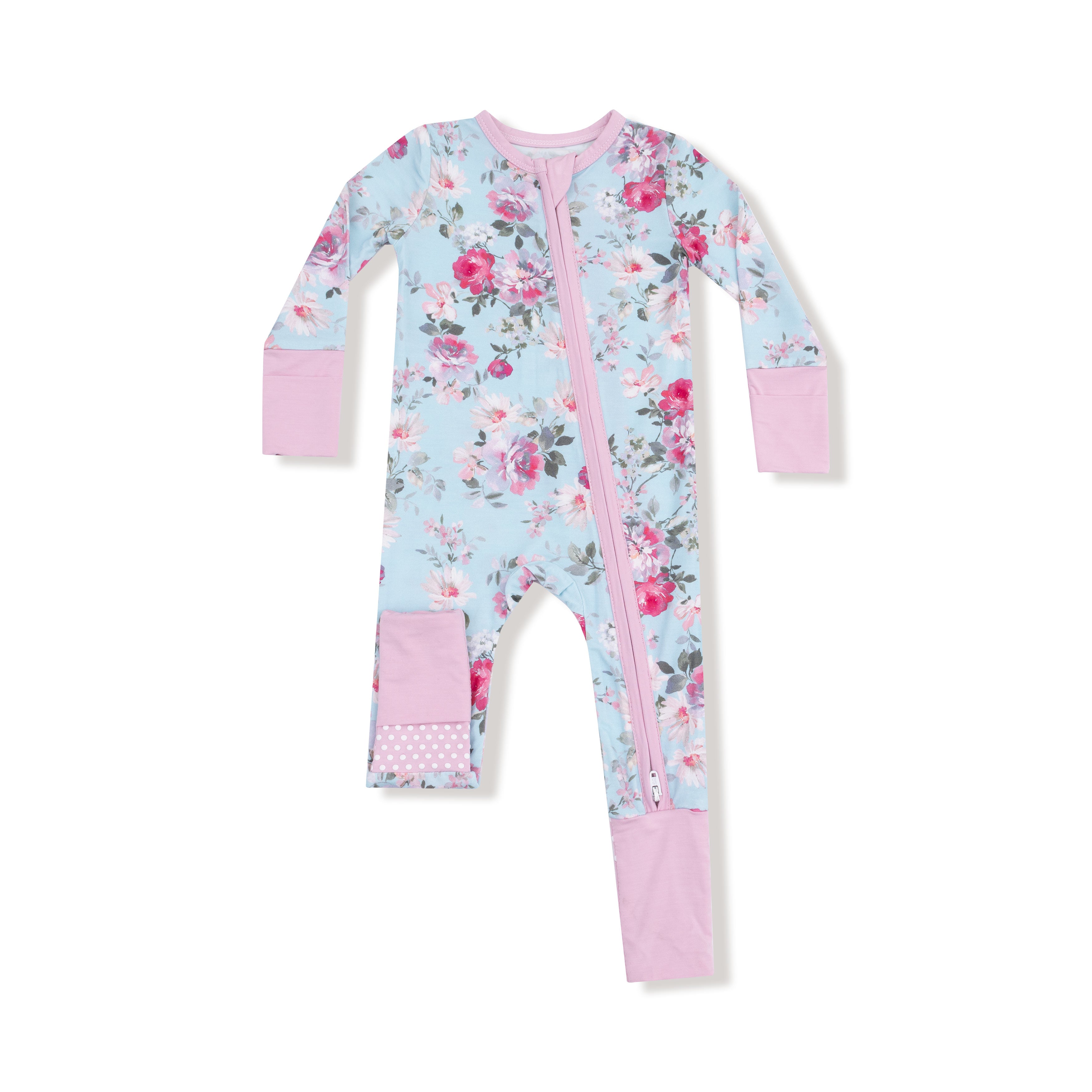 blue and pink floral baby girl convertible footie