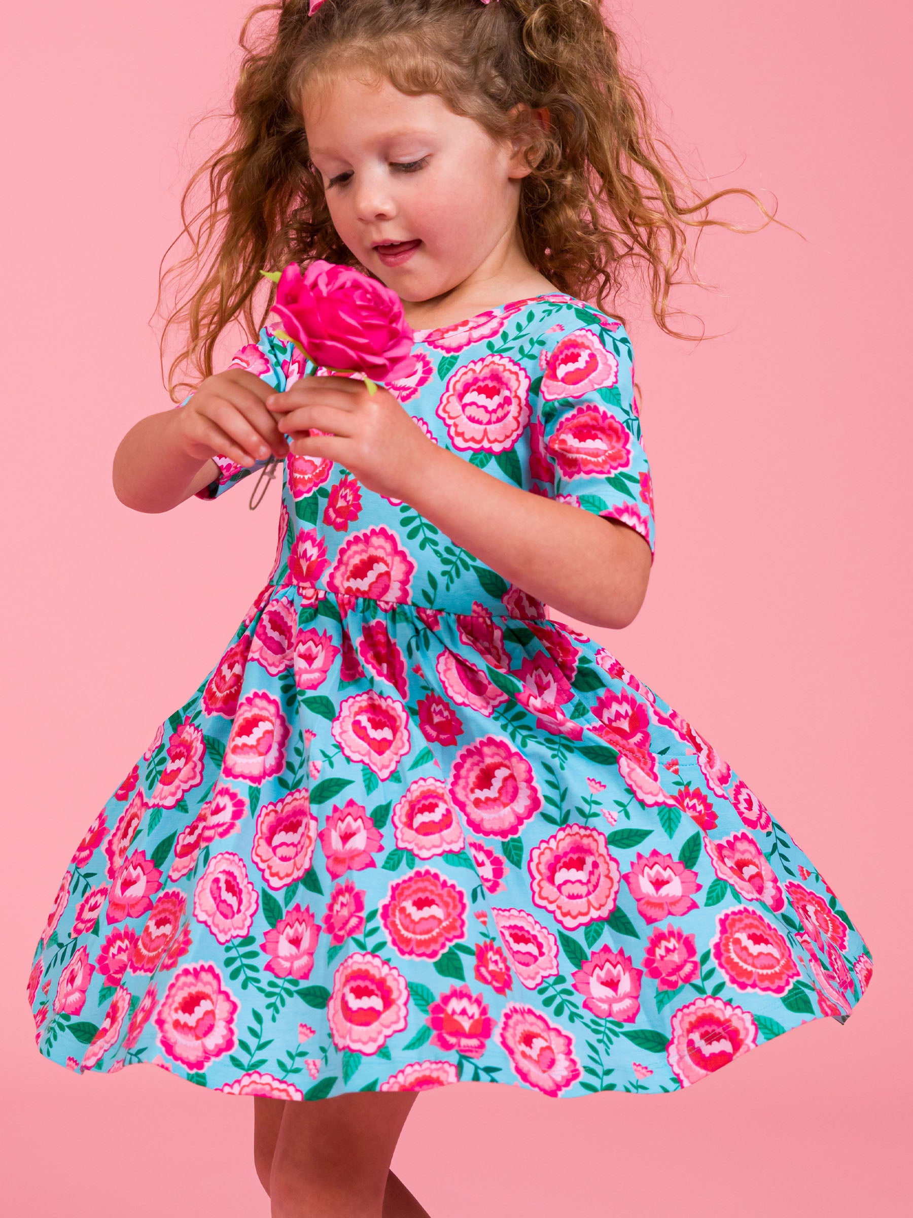 blue and pink floral twirl dress for toddler girls
