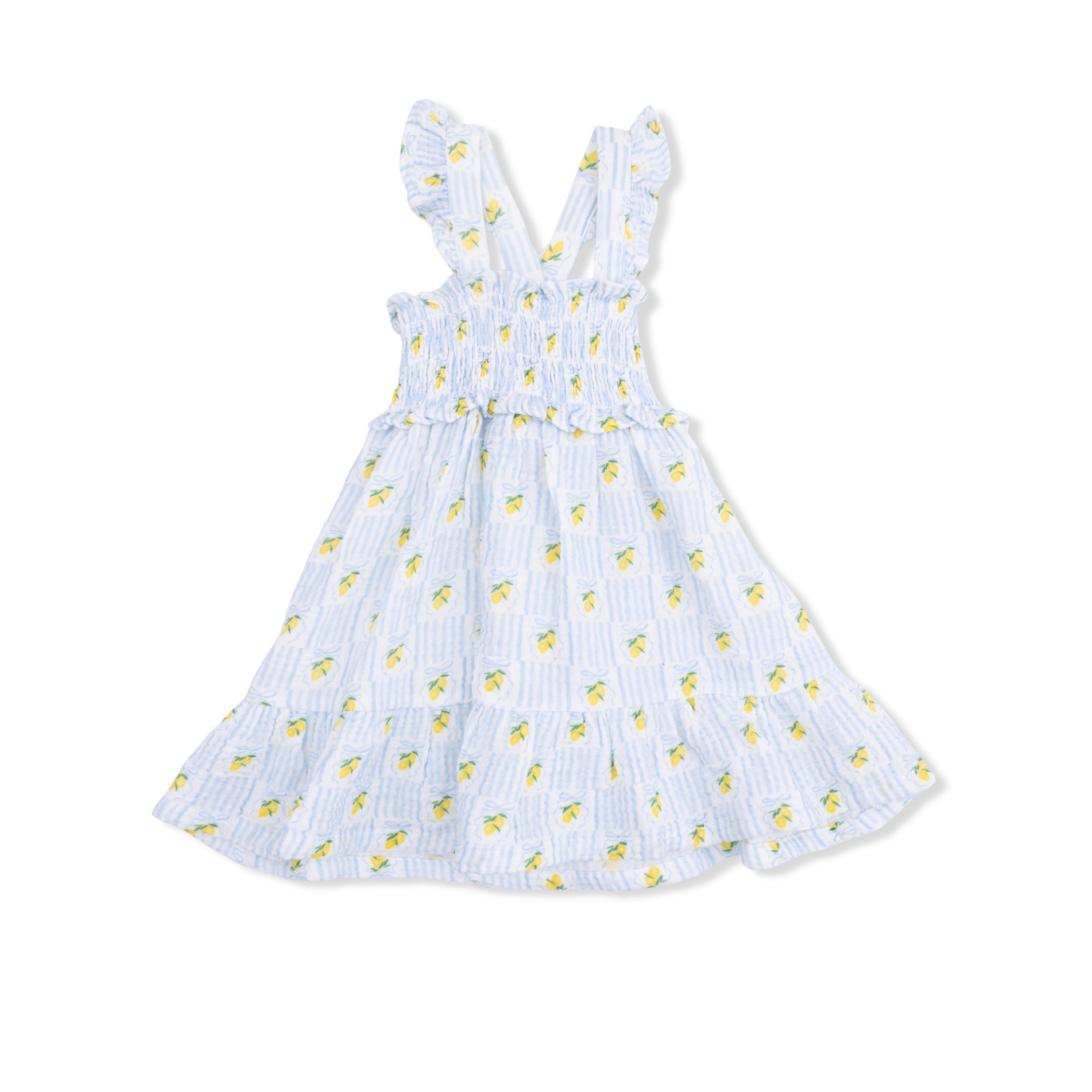 blue and white striped muslin dress with lemons for toddler girls