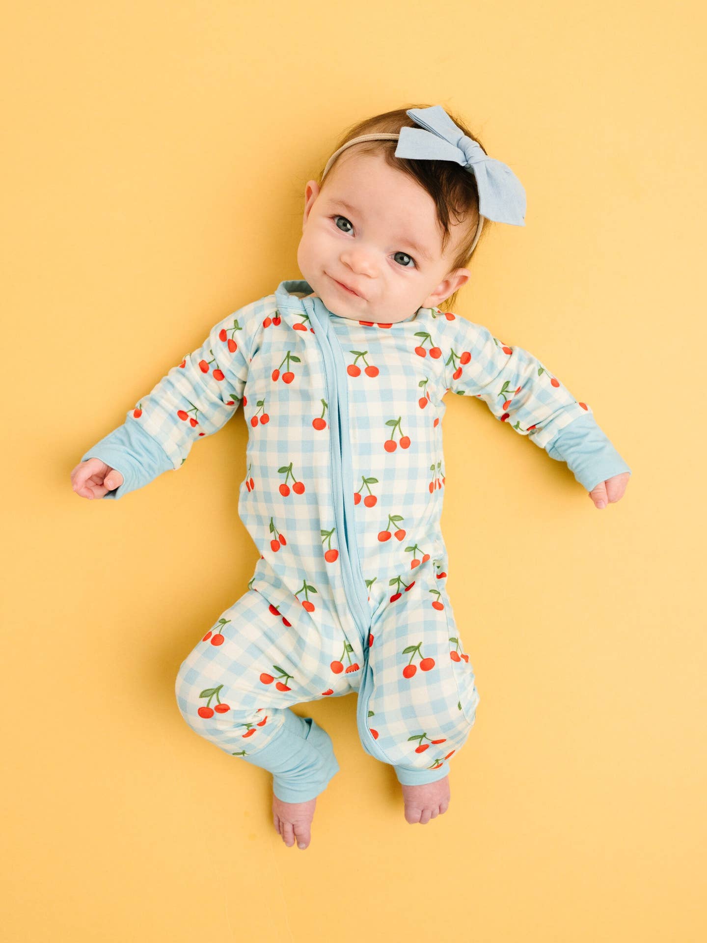 blue gingham convertible footie with cherries