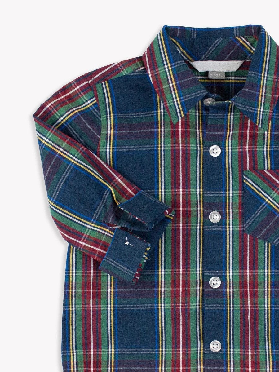 blue holiday plaid button down for boys