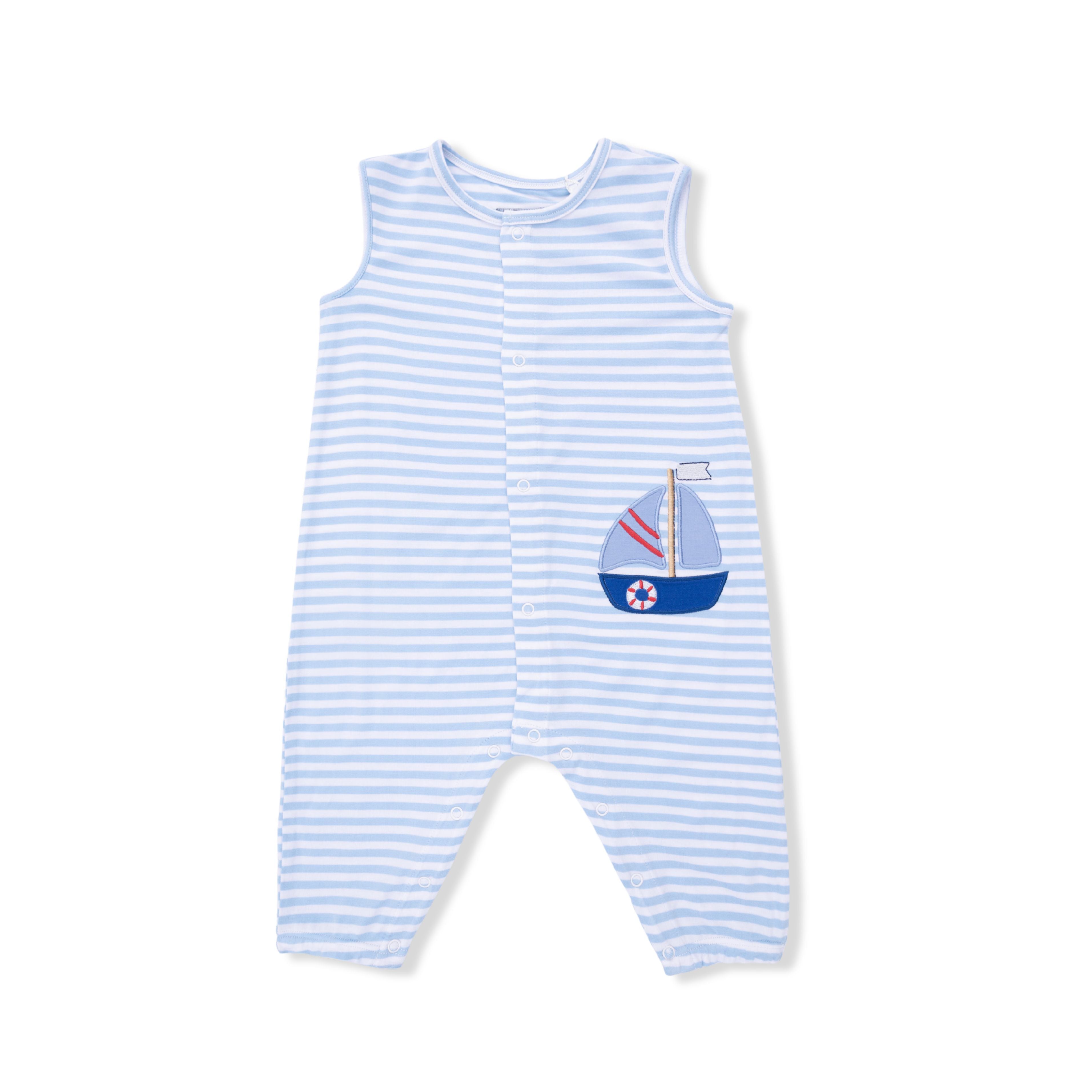 blue striped baby boy romper with sailboat applique