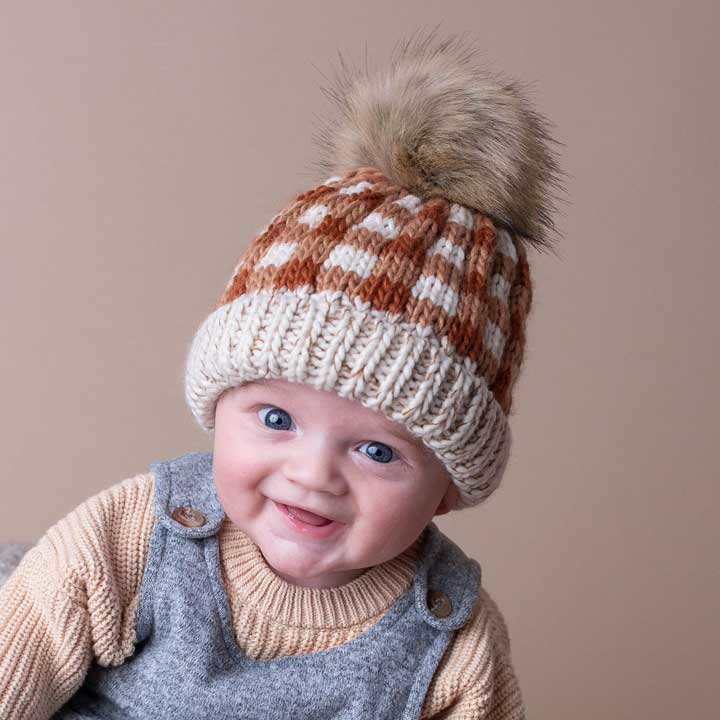 checker knit baby pom hat