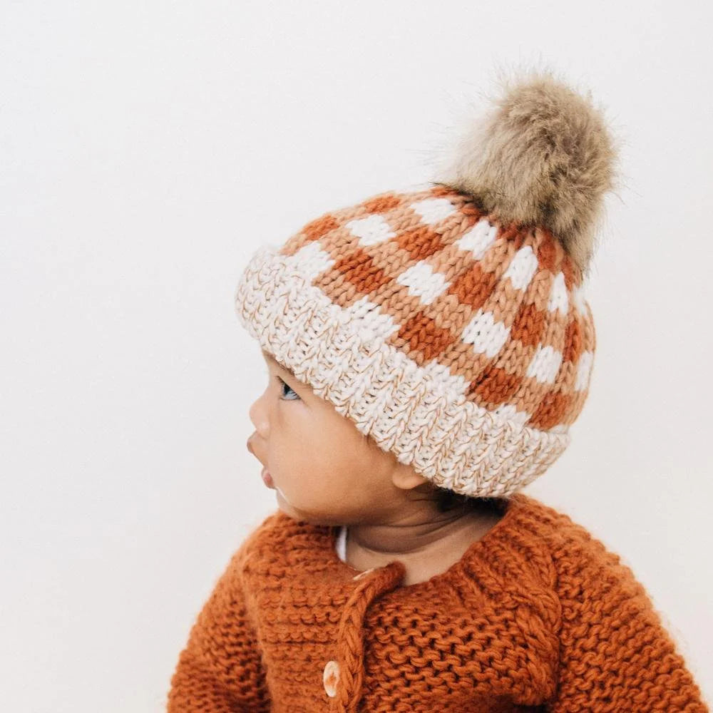 checkered knit baby pom hat