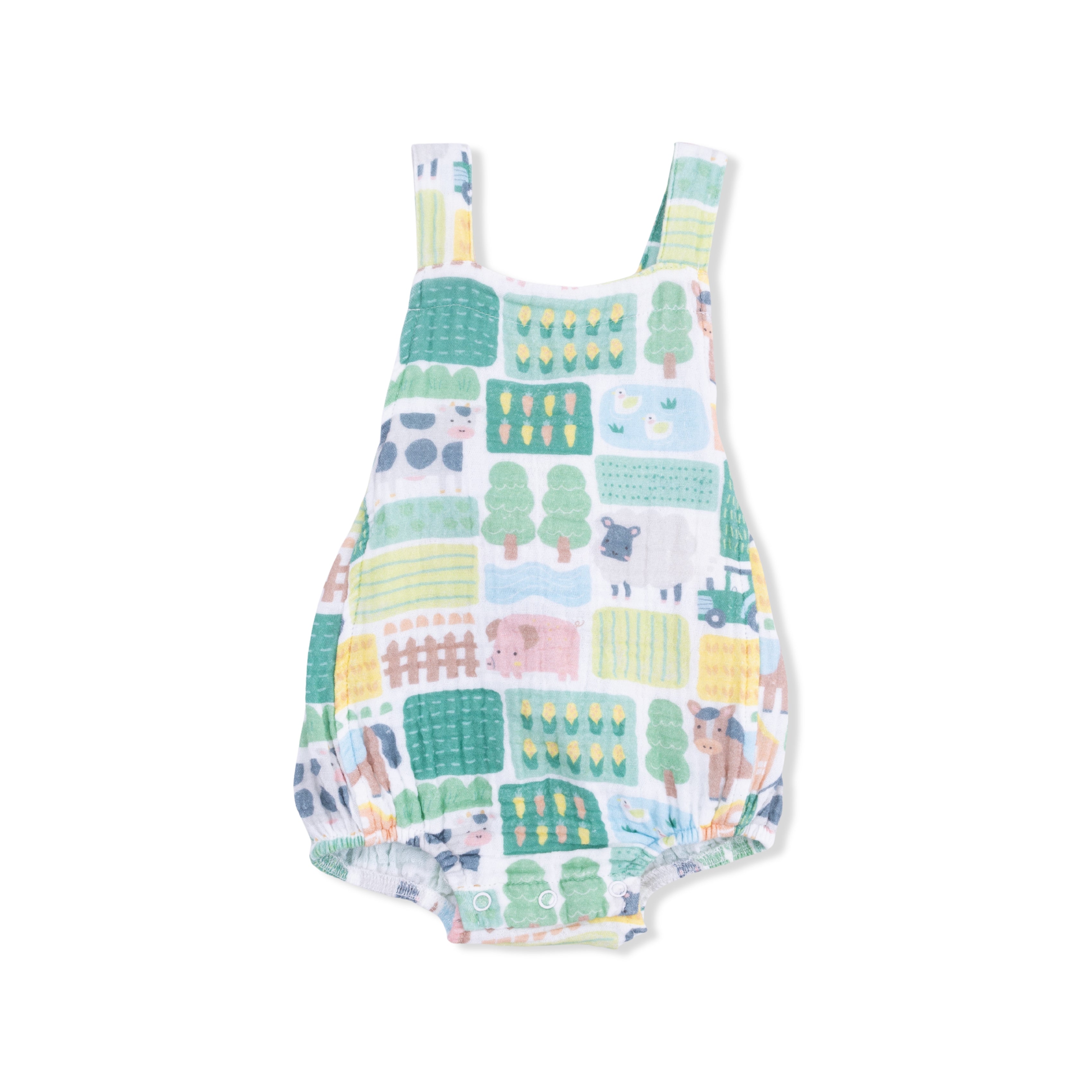 farm print muslin cotton girls bubble onesie